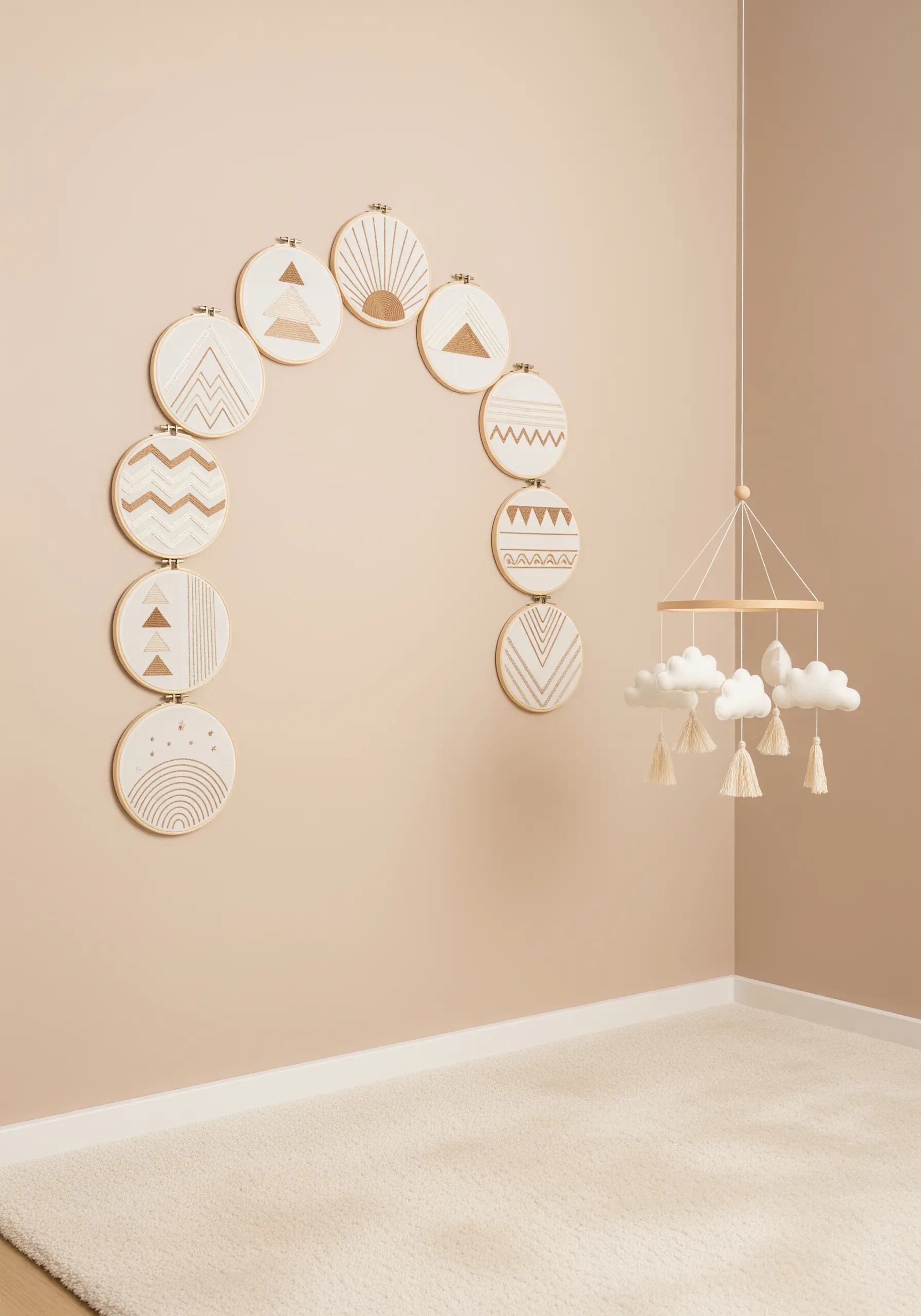 Multiple small embroidery hoops with geometric patterns arranged in an arch on the wall