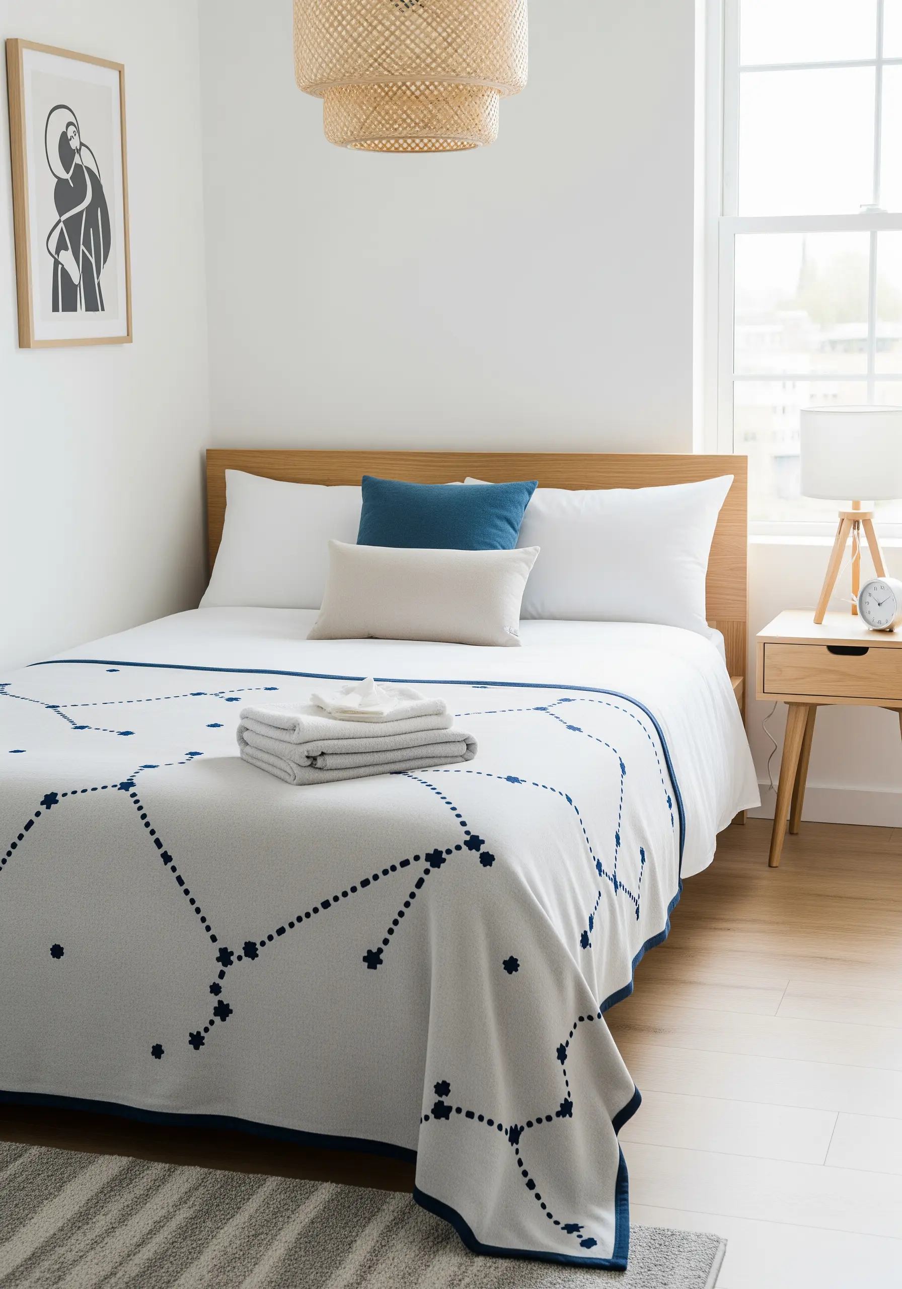 A white blanket with a repeating geometric pattern of embroidered blue constellation-like motifs.
