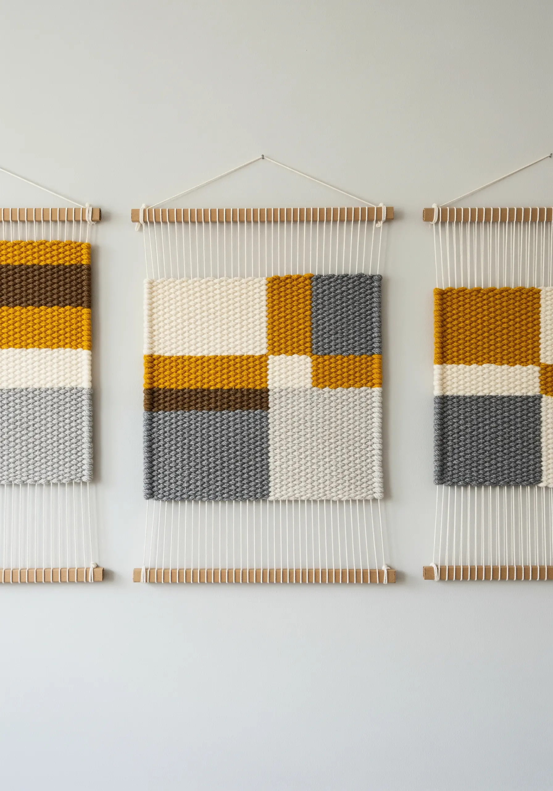 A triptych of three woven panels with a geometric design in yellow, grey, brown, and cream.