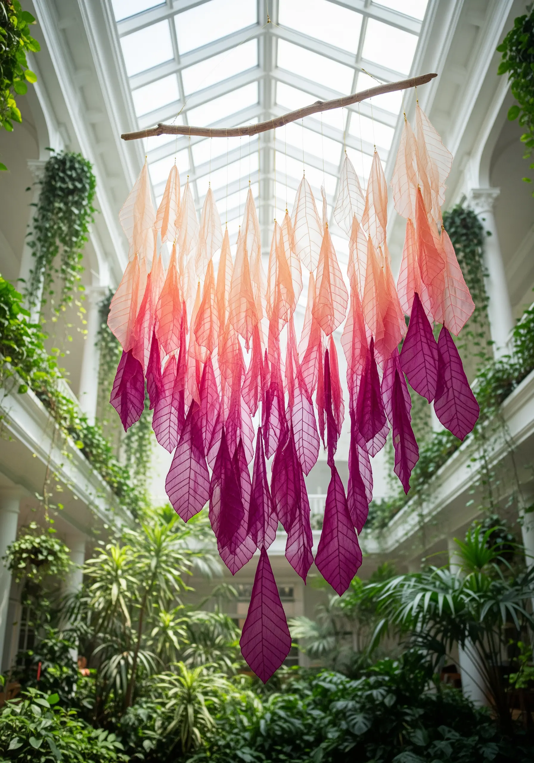 A hanging mobile made of sheer, dyed fabric leaves in a pink and orange gradient.