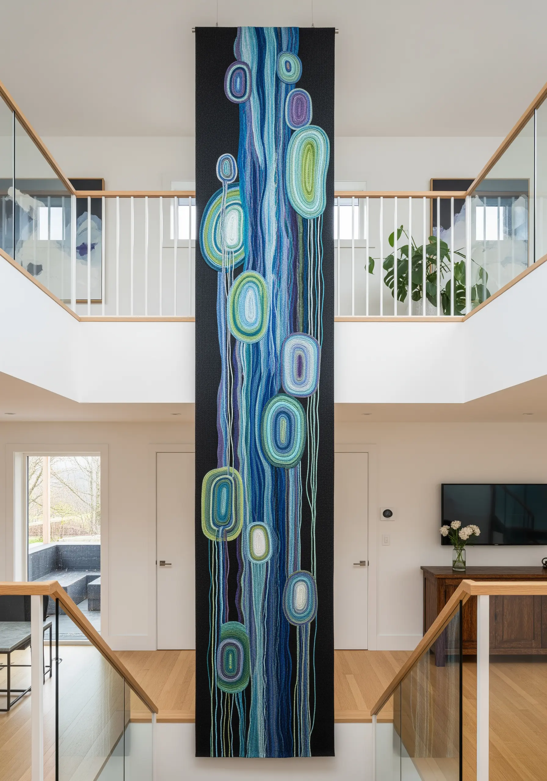Tall, narrow abstract embroidery with vertical lines and rounded shapes in blues and greens.