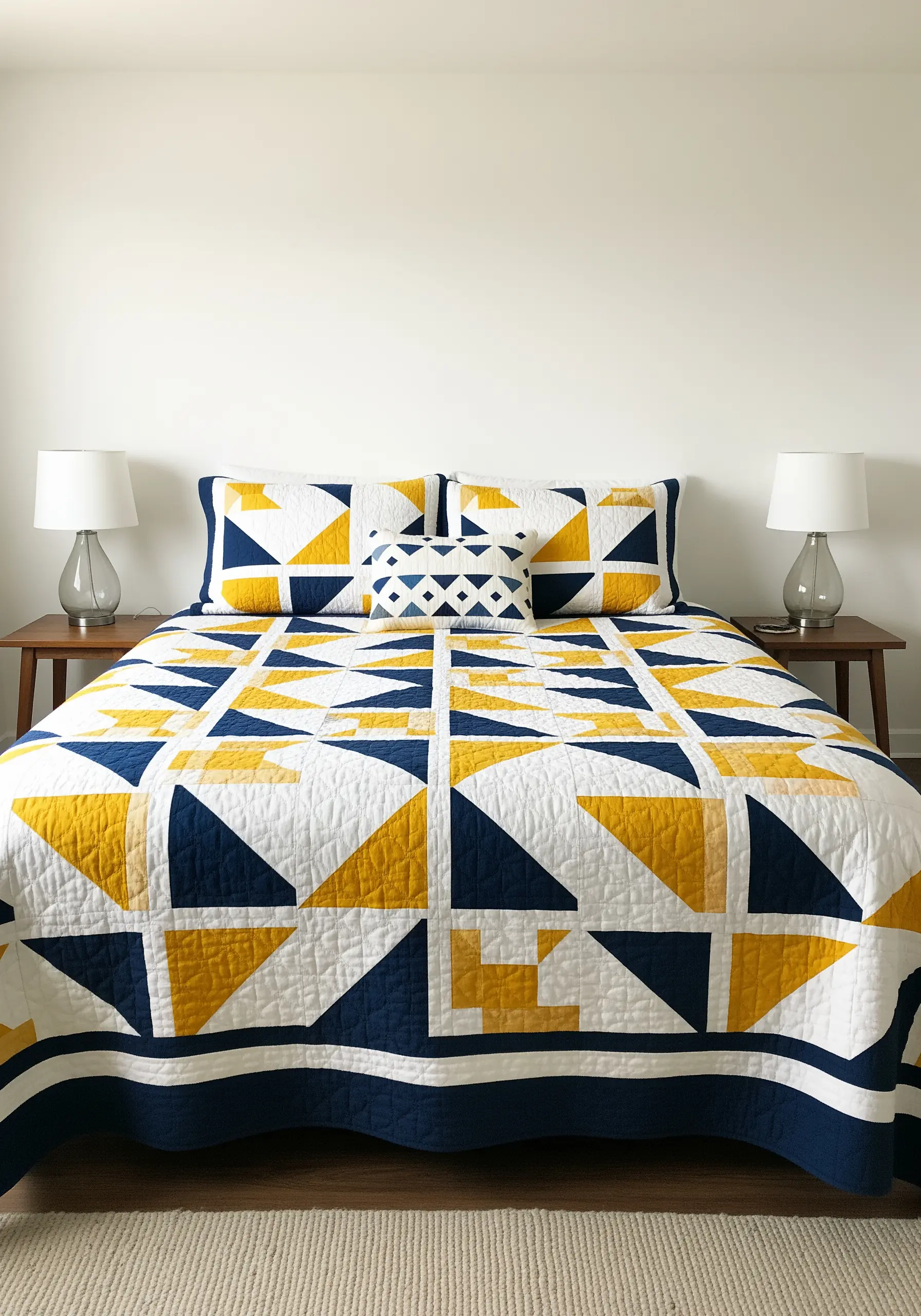 A modern quilt on a bed with a geometric pattern of blue, yellow, and white triangles.
