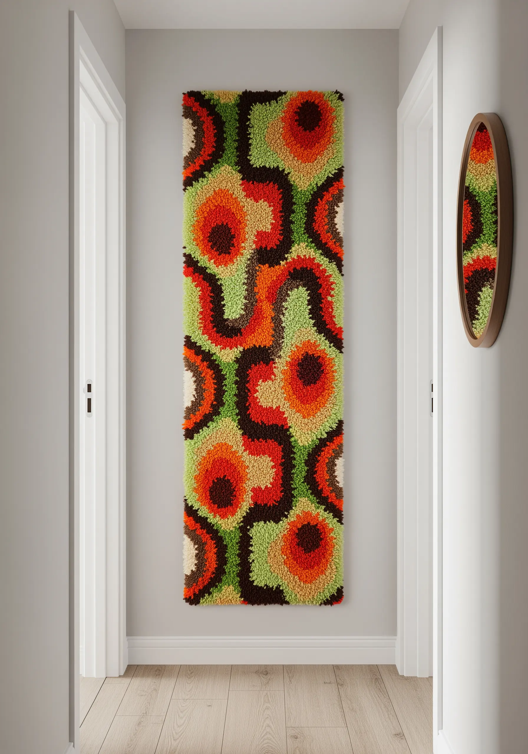 A colorful latch hook tapestry with a swirling, retro floral pattern.