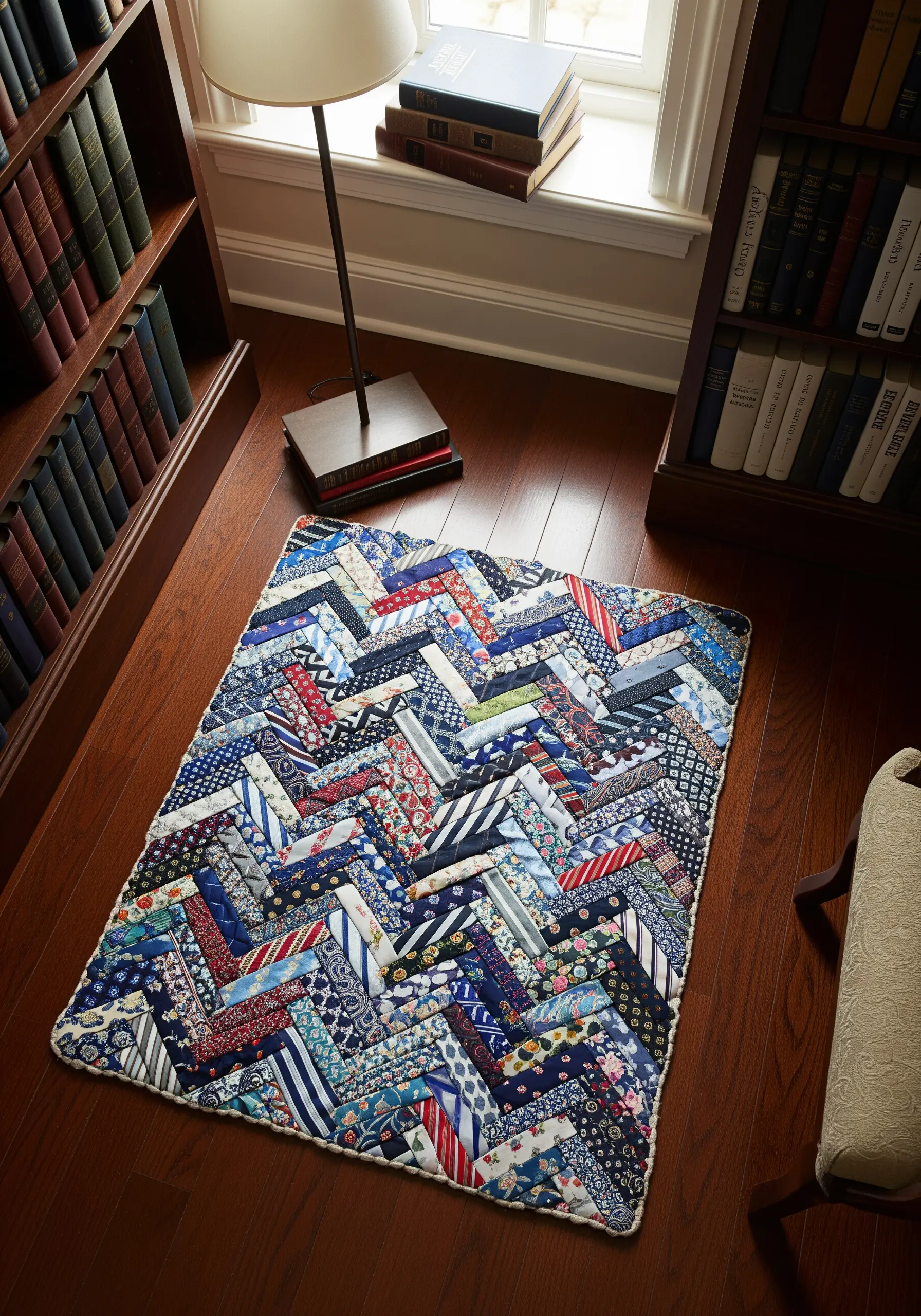 A small rug made from old neckties cut and pieced together in a herringbone pattern.