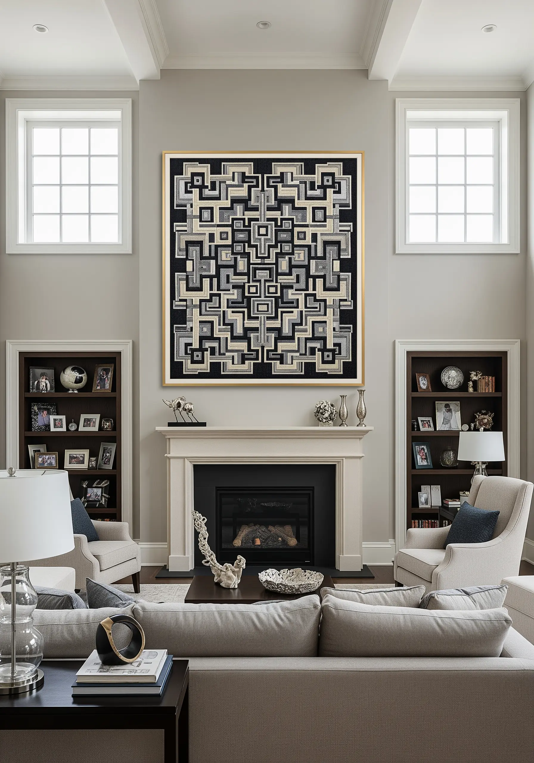 A very large, framed geometric labyrinth embroidery in neutral tones above a fireplace.