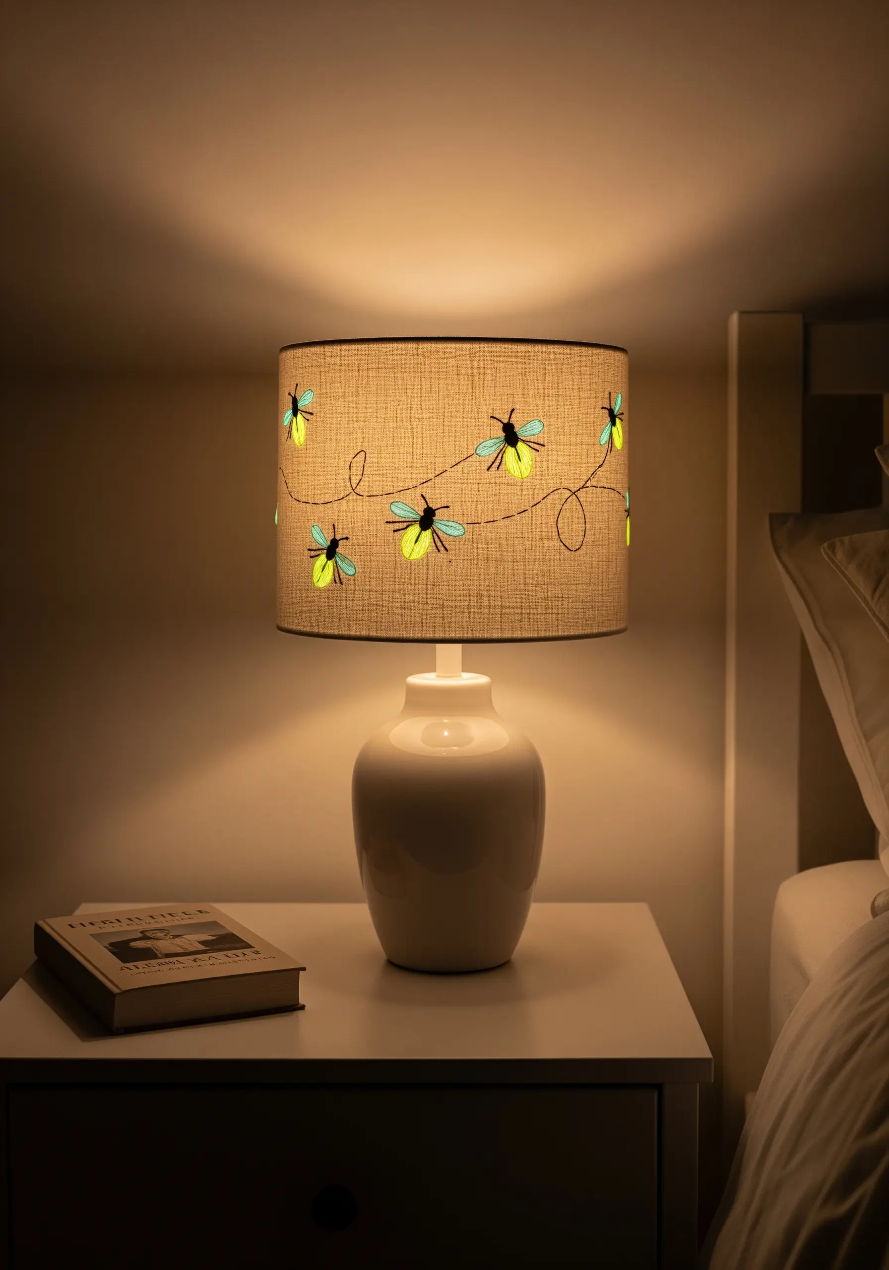 A lit lampshade embroidered with fireflies whose bodies glow with a yellow-green light.