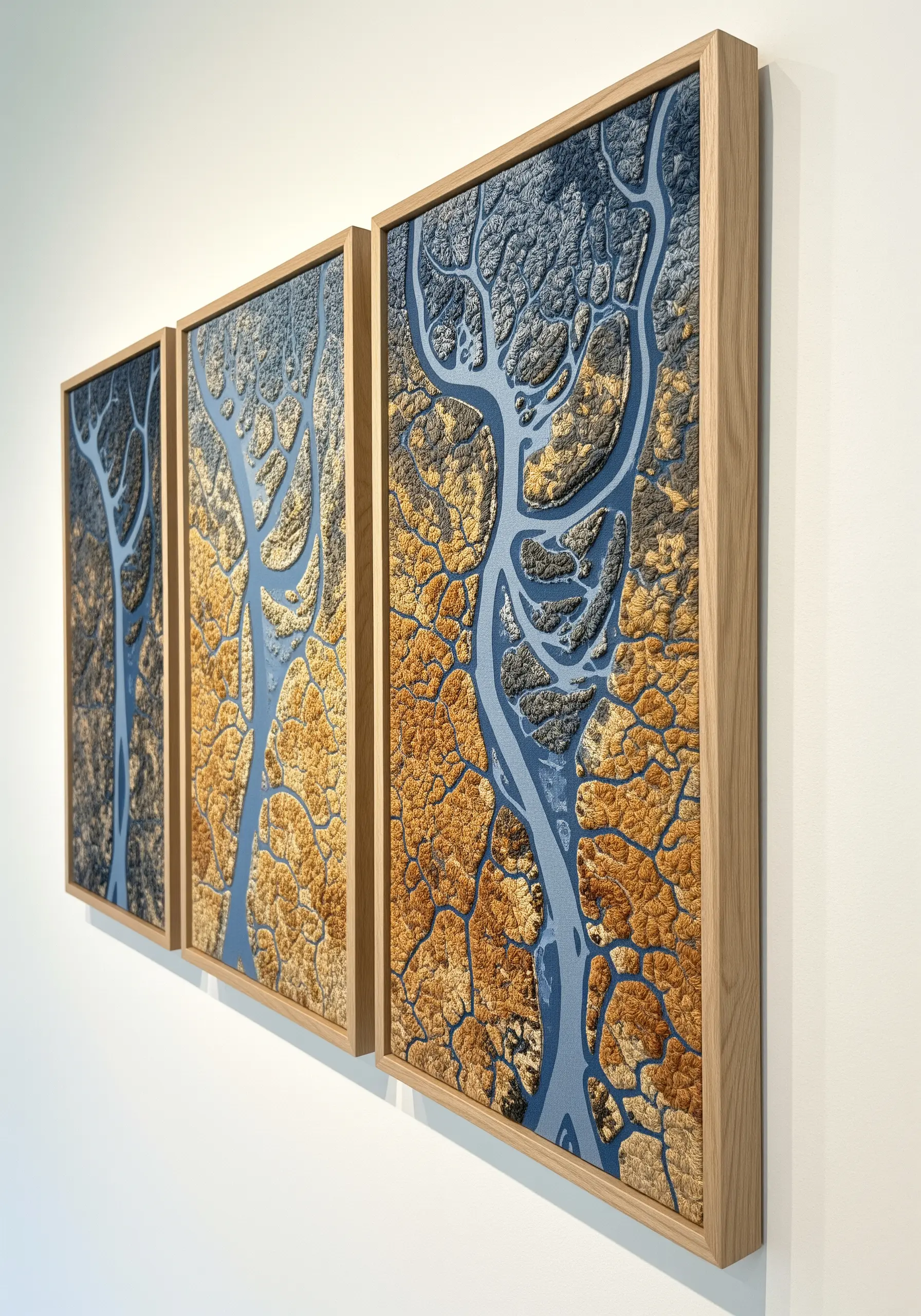 A triptych of framed embroidery showing an abstract river delta with dense textural stitching.