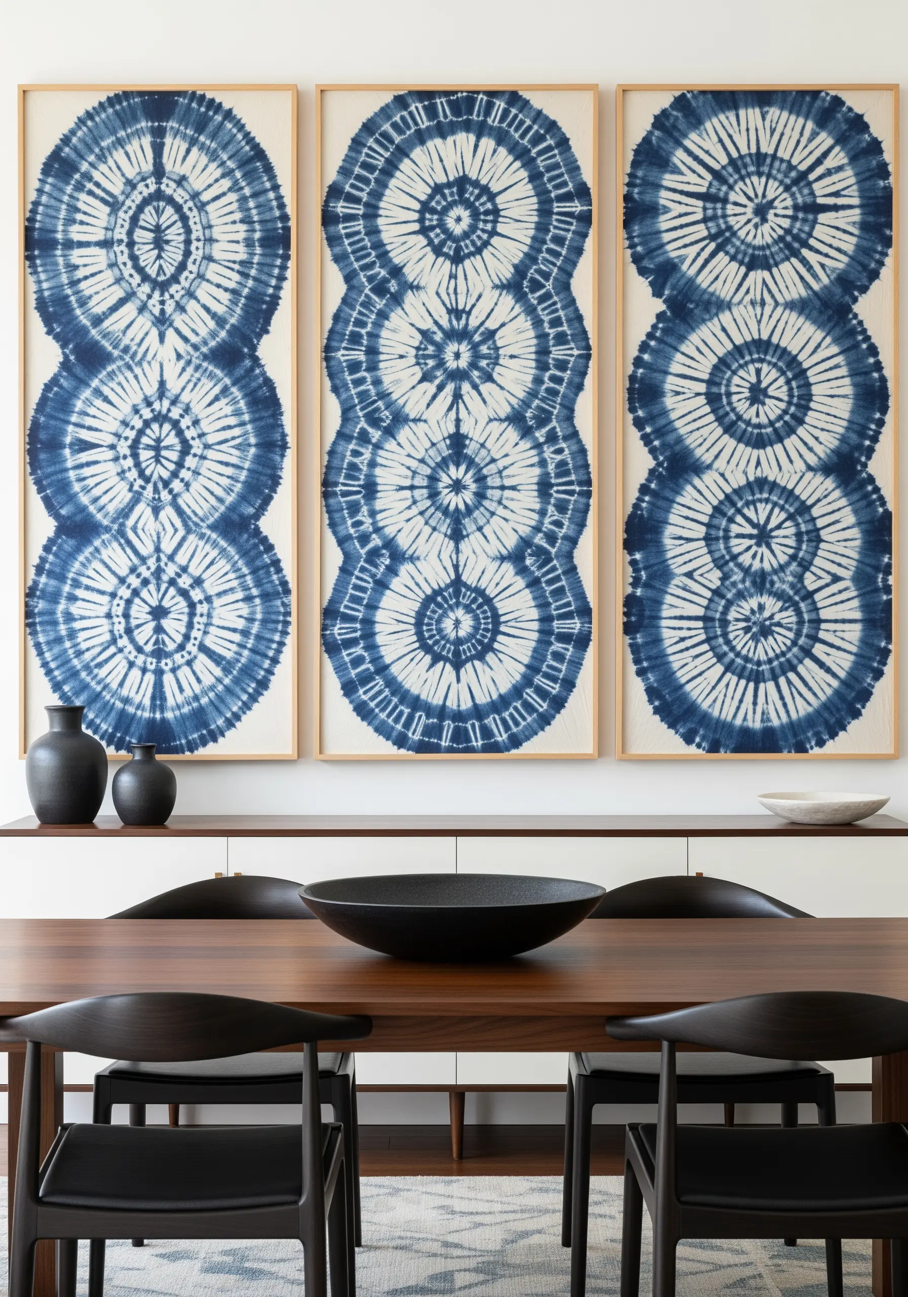 A triptych of framed indigo Shibori tie-dye art hanging above a dining table.