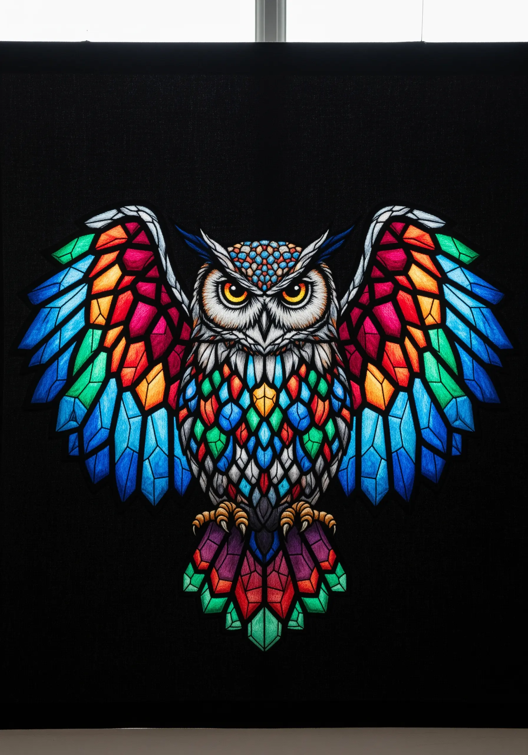 A stylized owl with feathers that look like colorful stained-glass panels in red, blue, green, and purple.