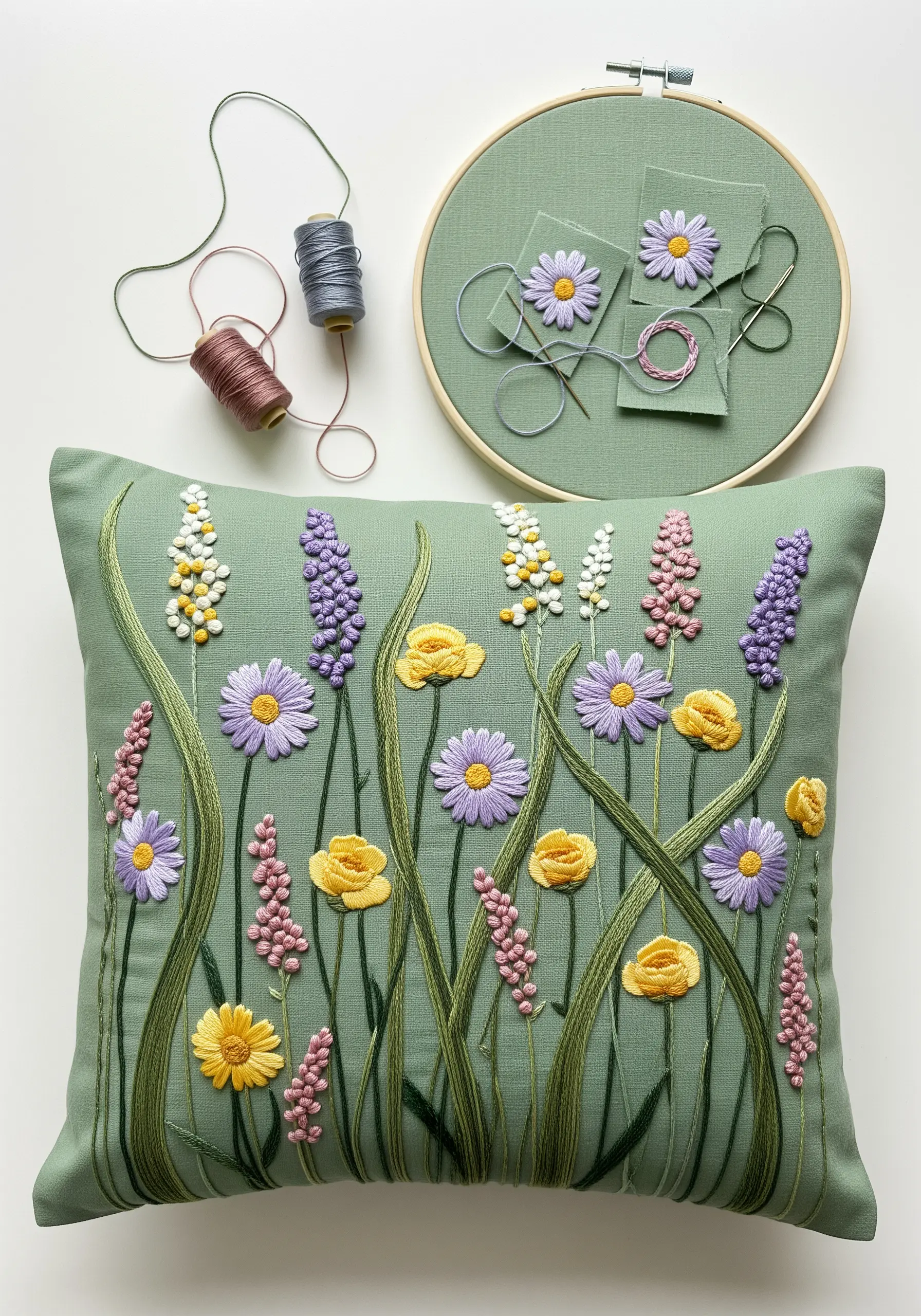 A variety of embroidered wildflowers in purple, yellow, and pink on a sage green pillow.