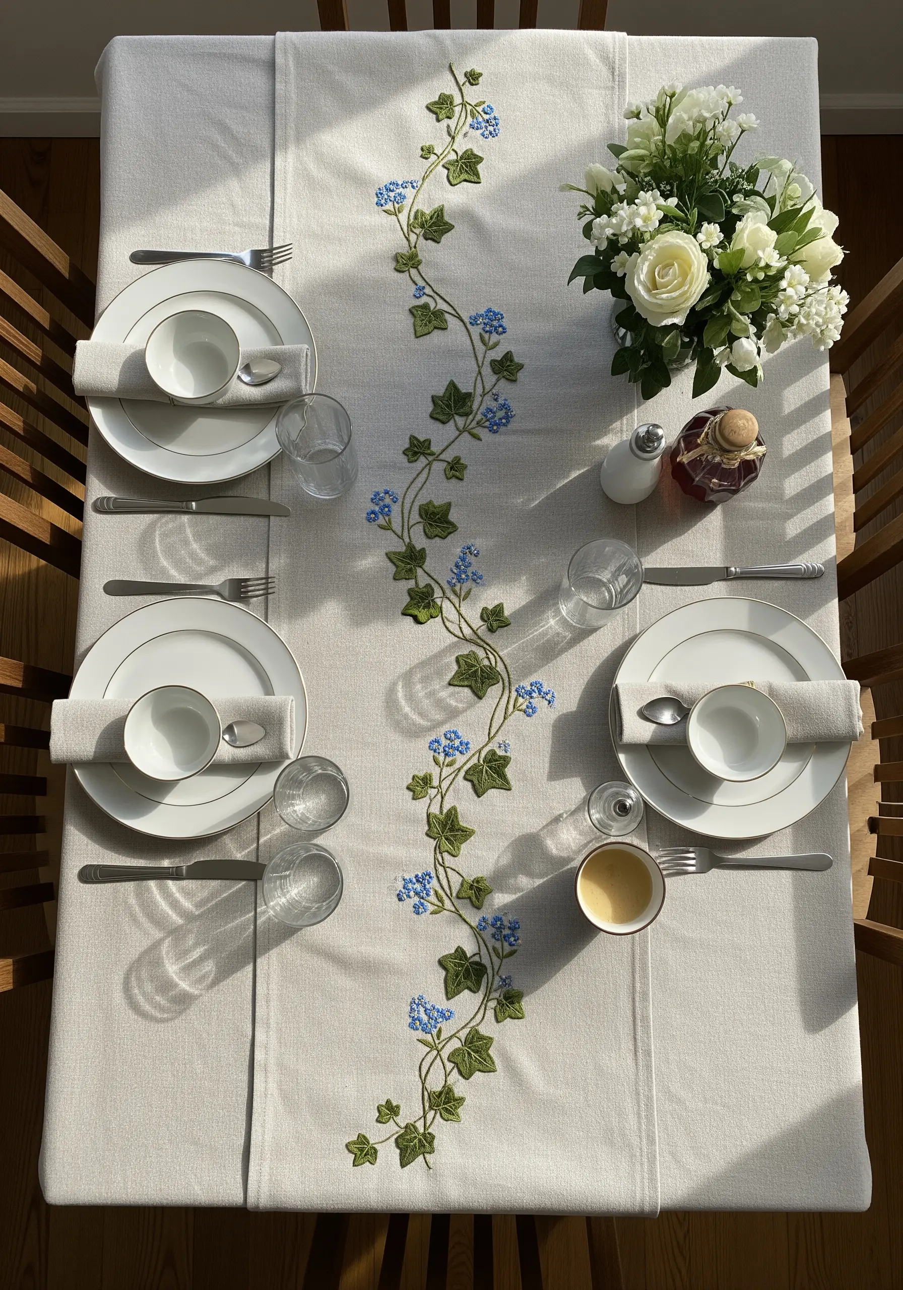 An elegant table runner embroidered with a winding vine of ivy and small blue flowers.