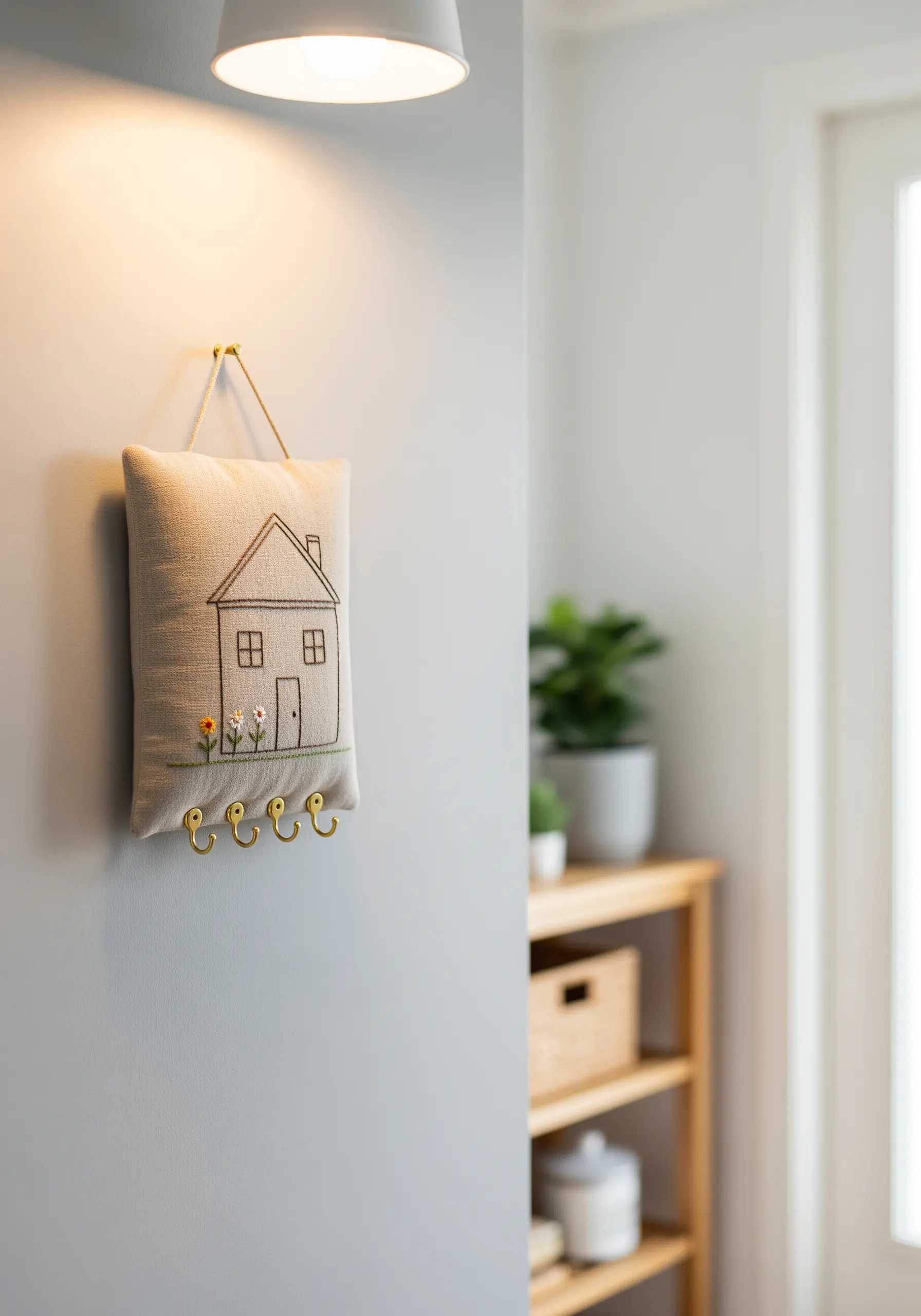 A small, hanging linen pillow embroidered with a simple house, with brass hooks for keys.