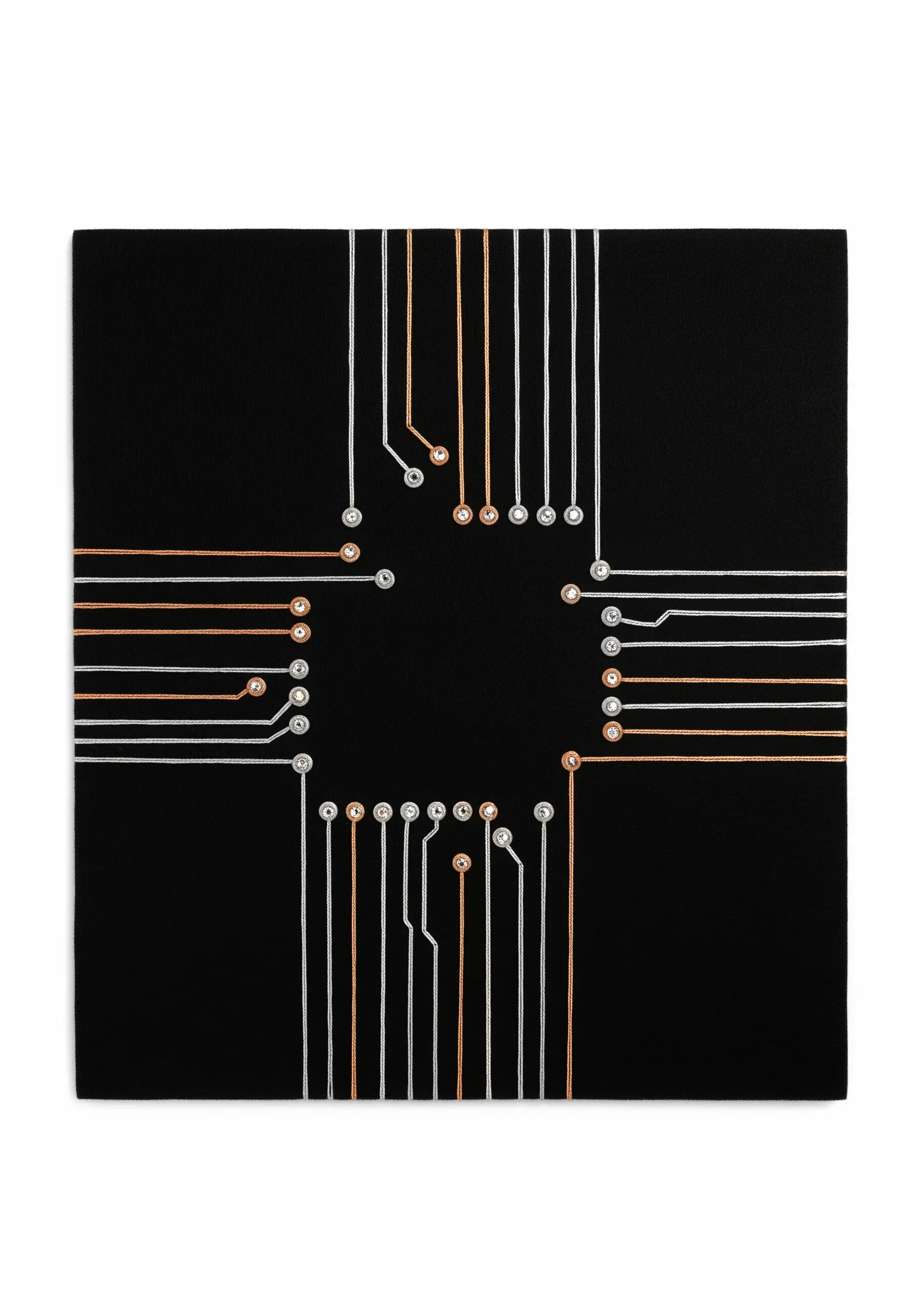 A minimalist circuit board design stitched in silver and copper metallic thread on black fabric.