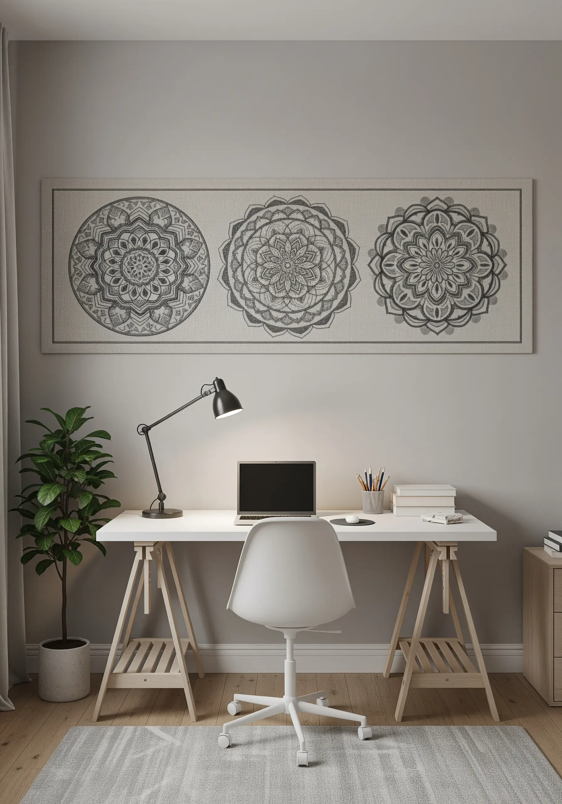A long horizontal canvas with three distinct gray mandalas stitched in a row.