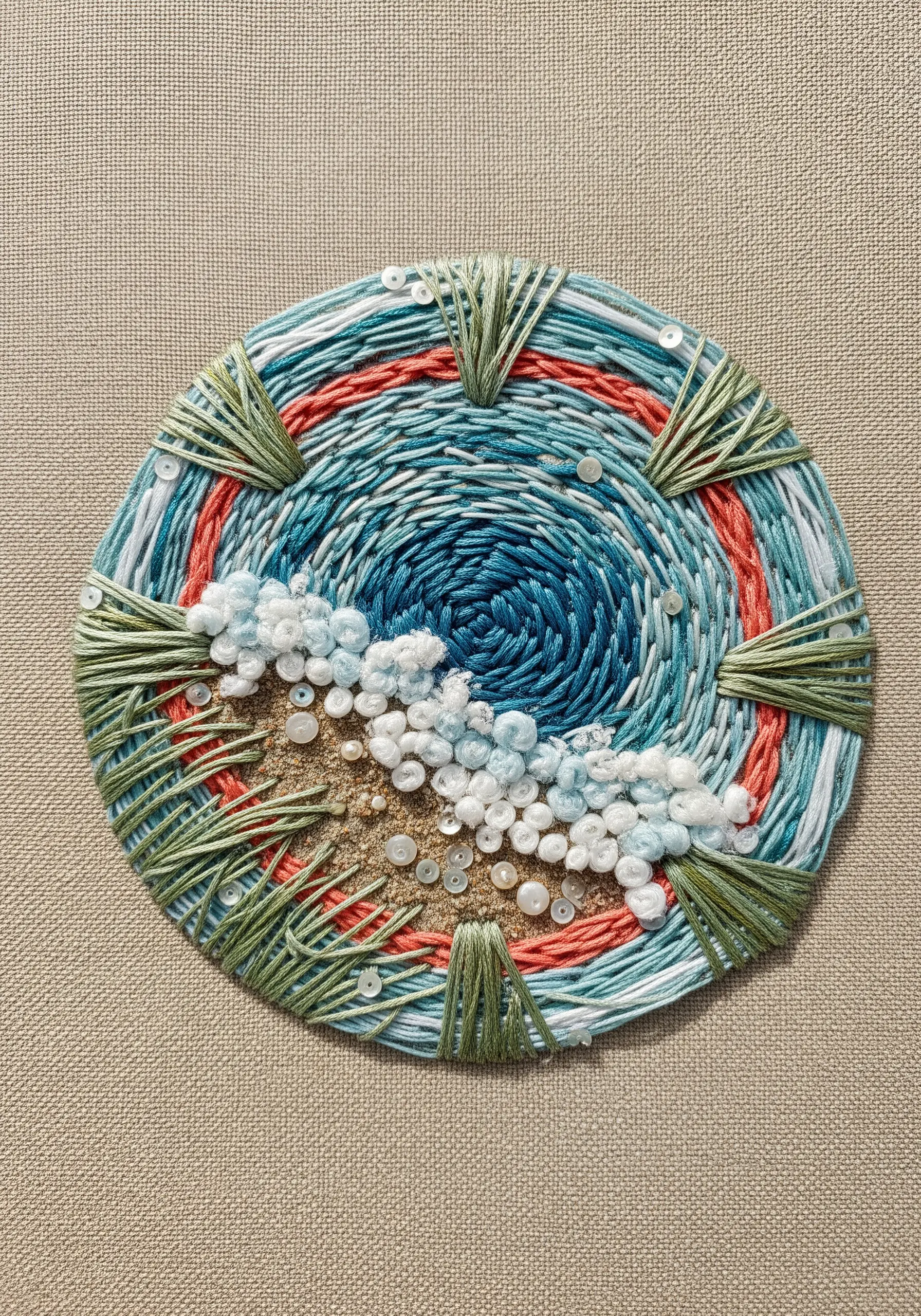 An abstract, mixed-media seascape mandala with yarn, beads, sand, and sequins.