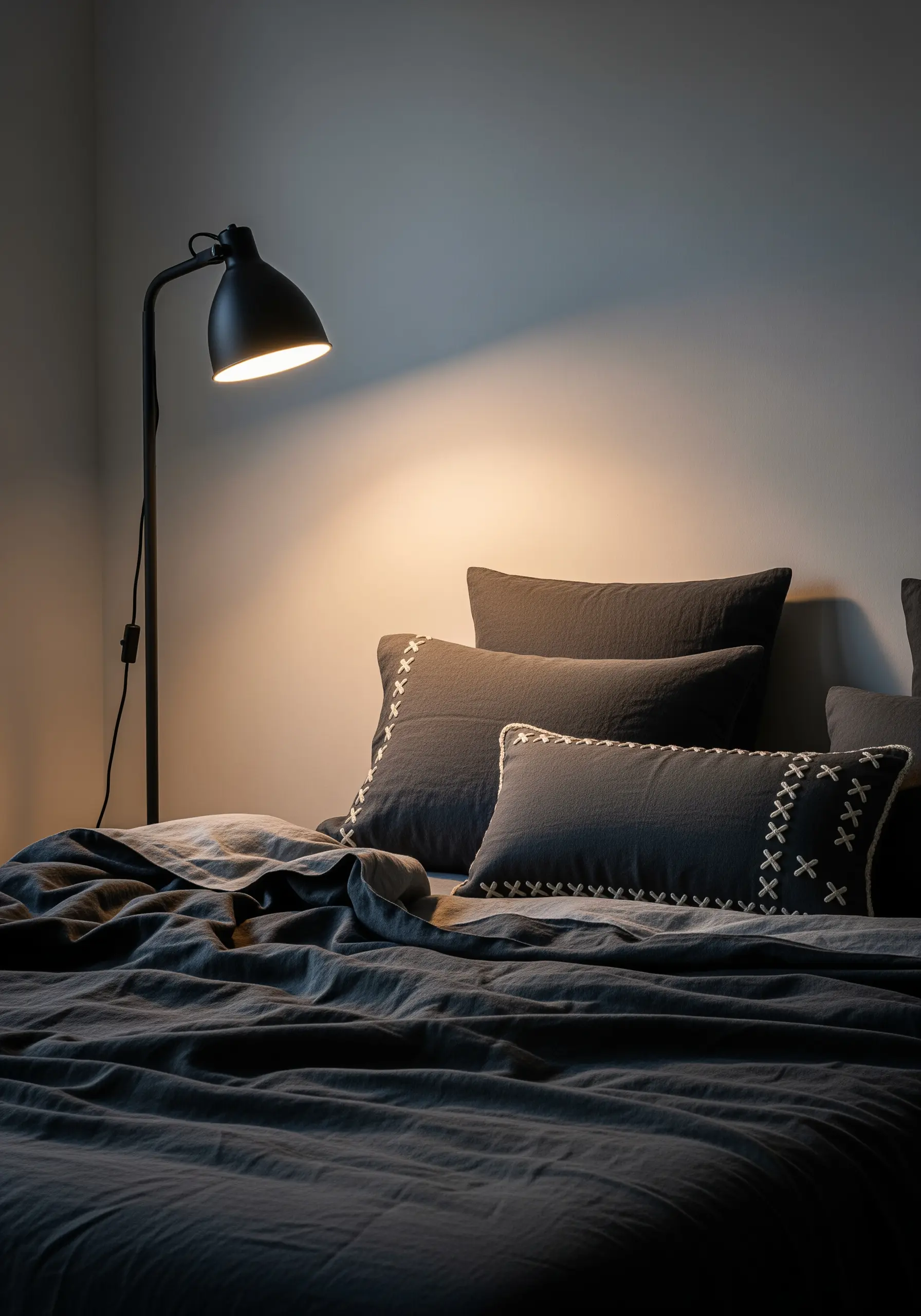 Dark gray linen pillows with a border of large, graphic cream-colored cross stitches.