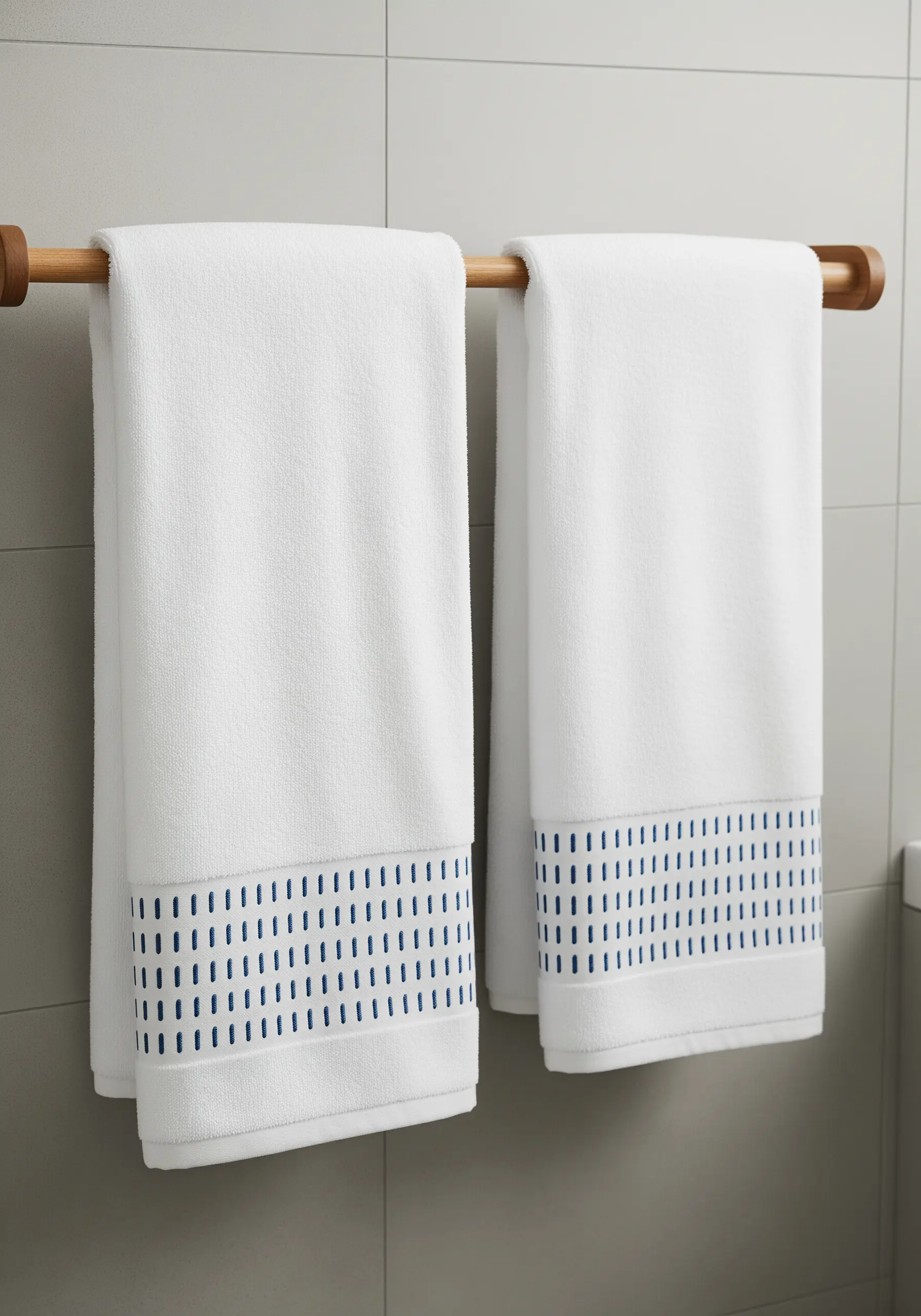 A white towel with a modern border of scattered vertical blue stitches.