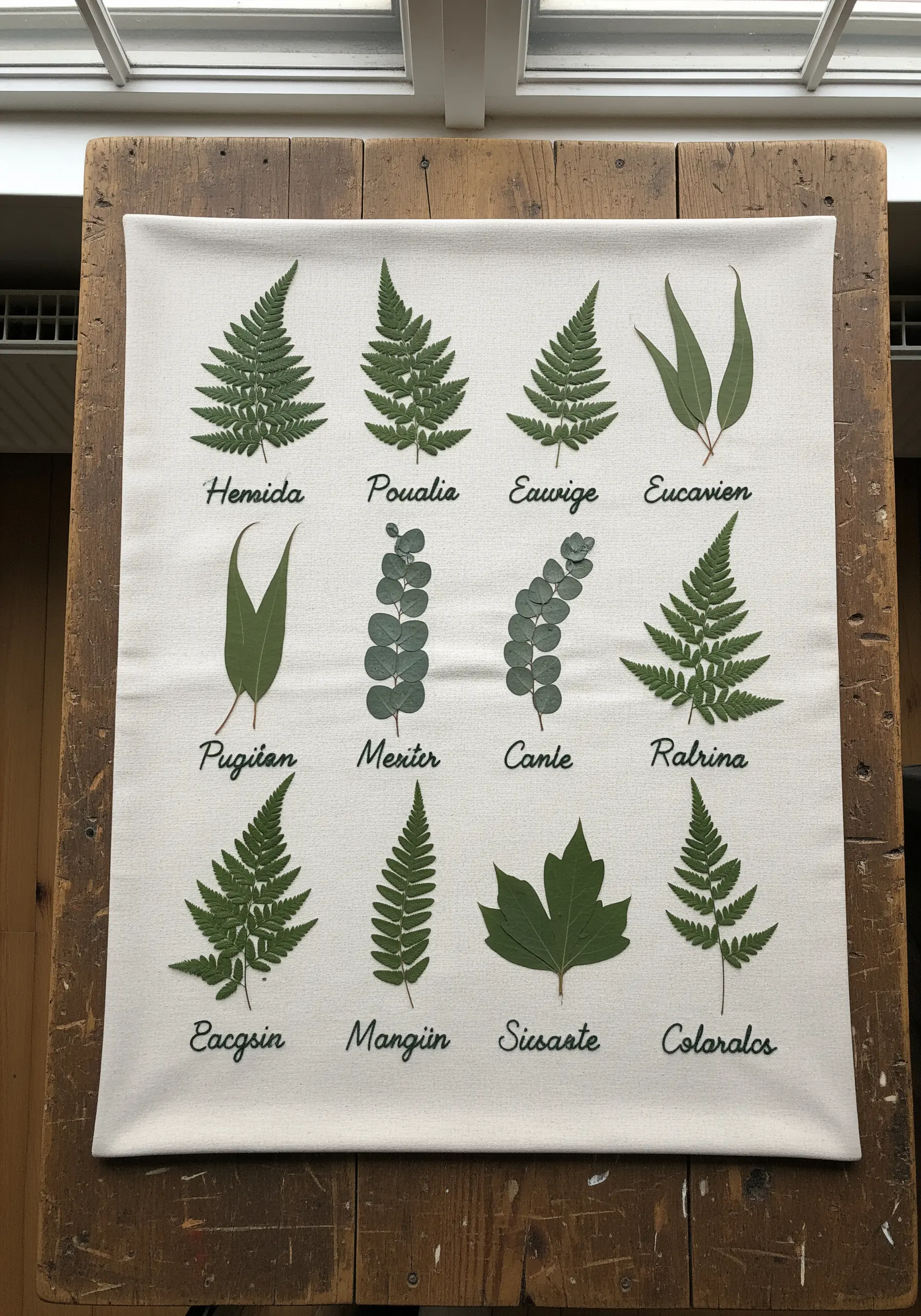 A modern botanical specimen chart with various pressed leaves and ferns, each labeled with embroidery.