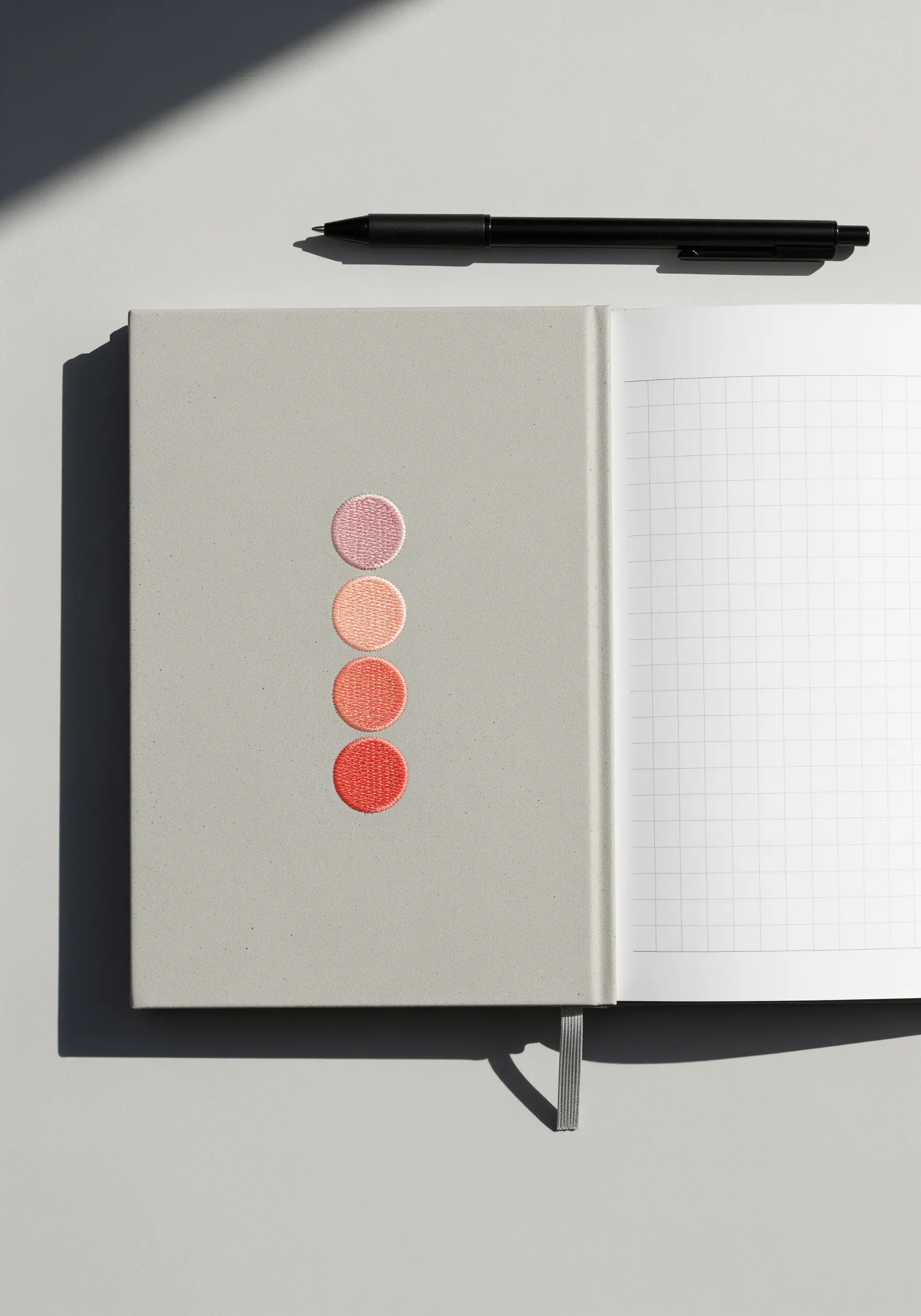 Four small, satin-stitched circles in a vertical line, showing a pink-to-red color gradient.