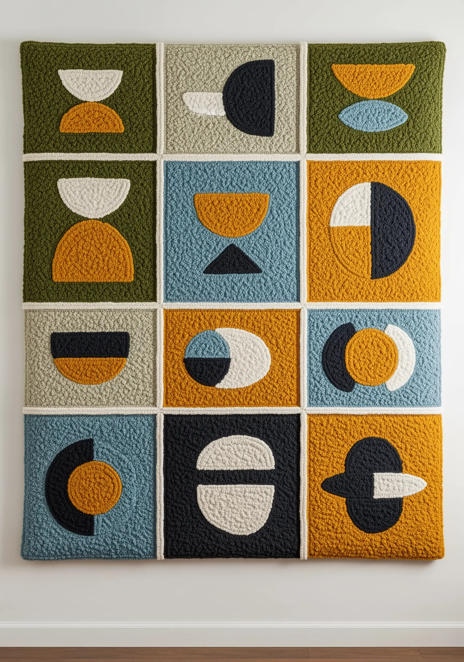 A large, tufted wall hanging designed as a grid of squares with modern geometric shapes