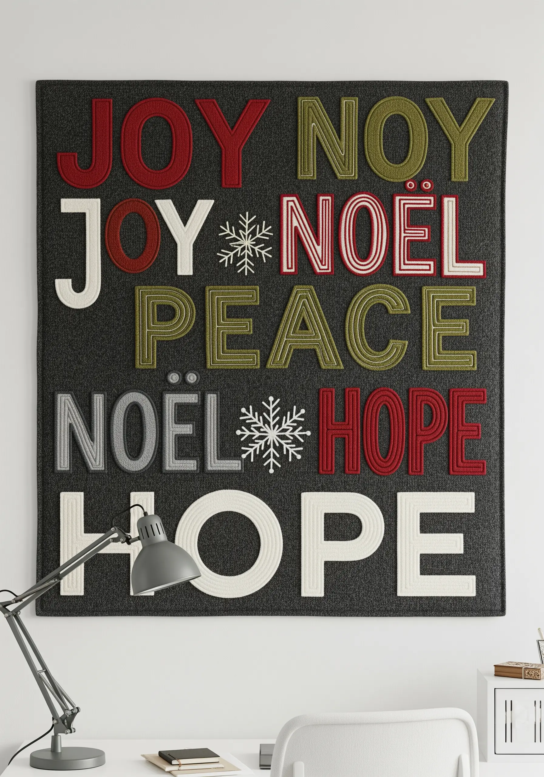 A modern typographic wall hanging with holiday words like 'Joy' and 'Noël' in various fonts and colors.