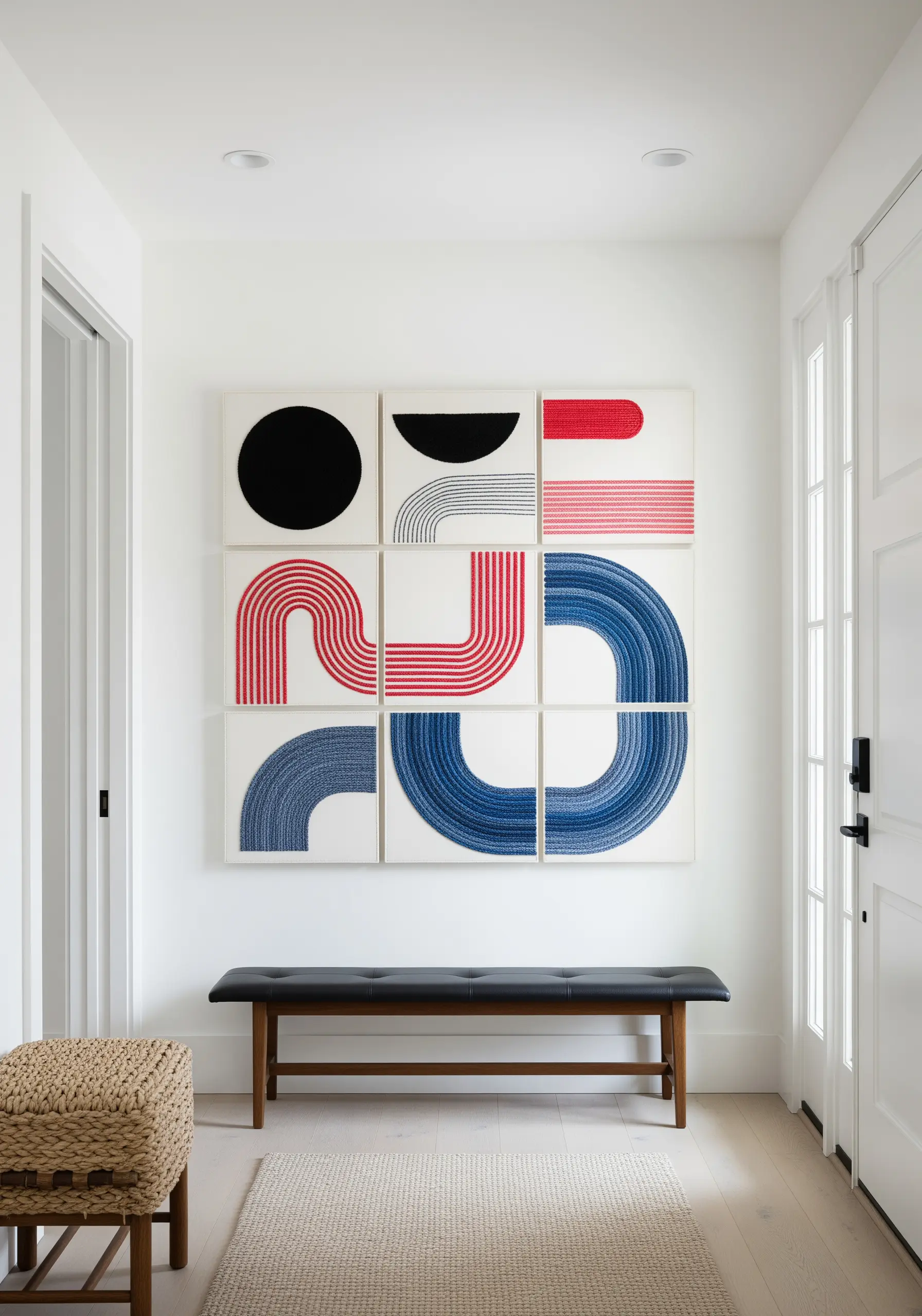 A nine-panel grid of abstract embroidered art with bold red, blue, and black geometric shapes