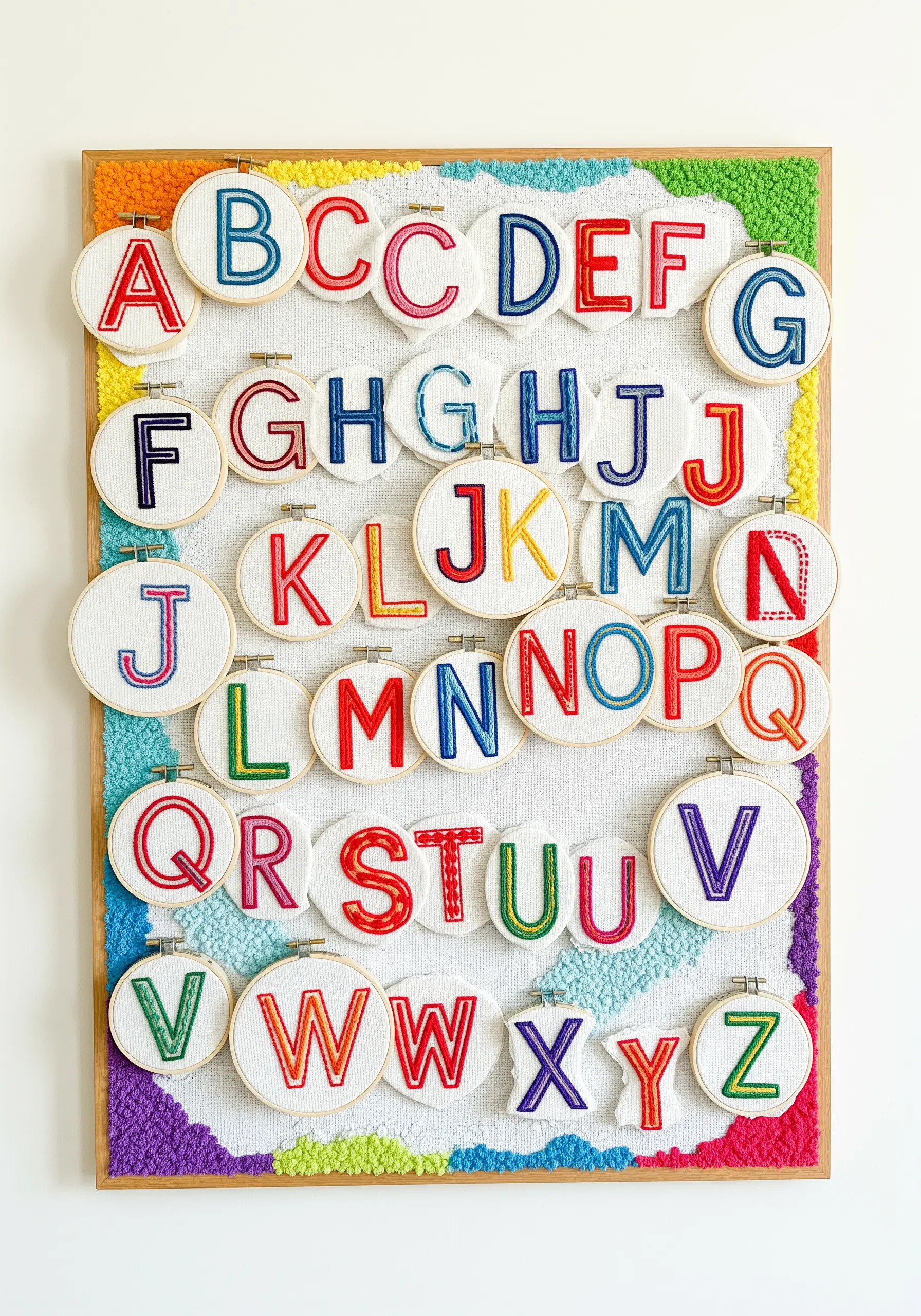 An alphabet sampler made of individual letters stitched in small hoops, mounted on a punch-needle frame.