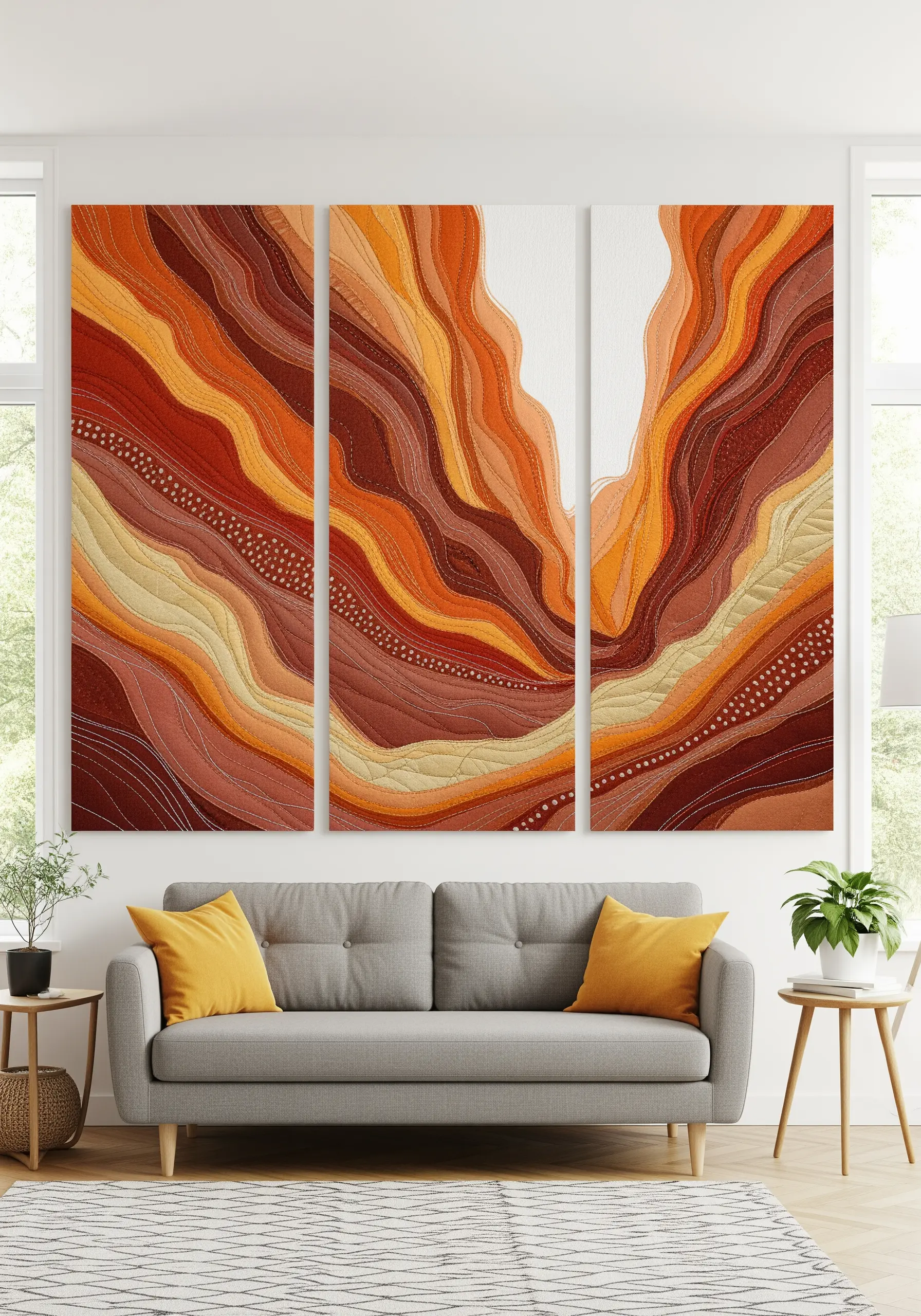 Large three-panel embroidered wall art depicting canyon rock strata in warm tones.