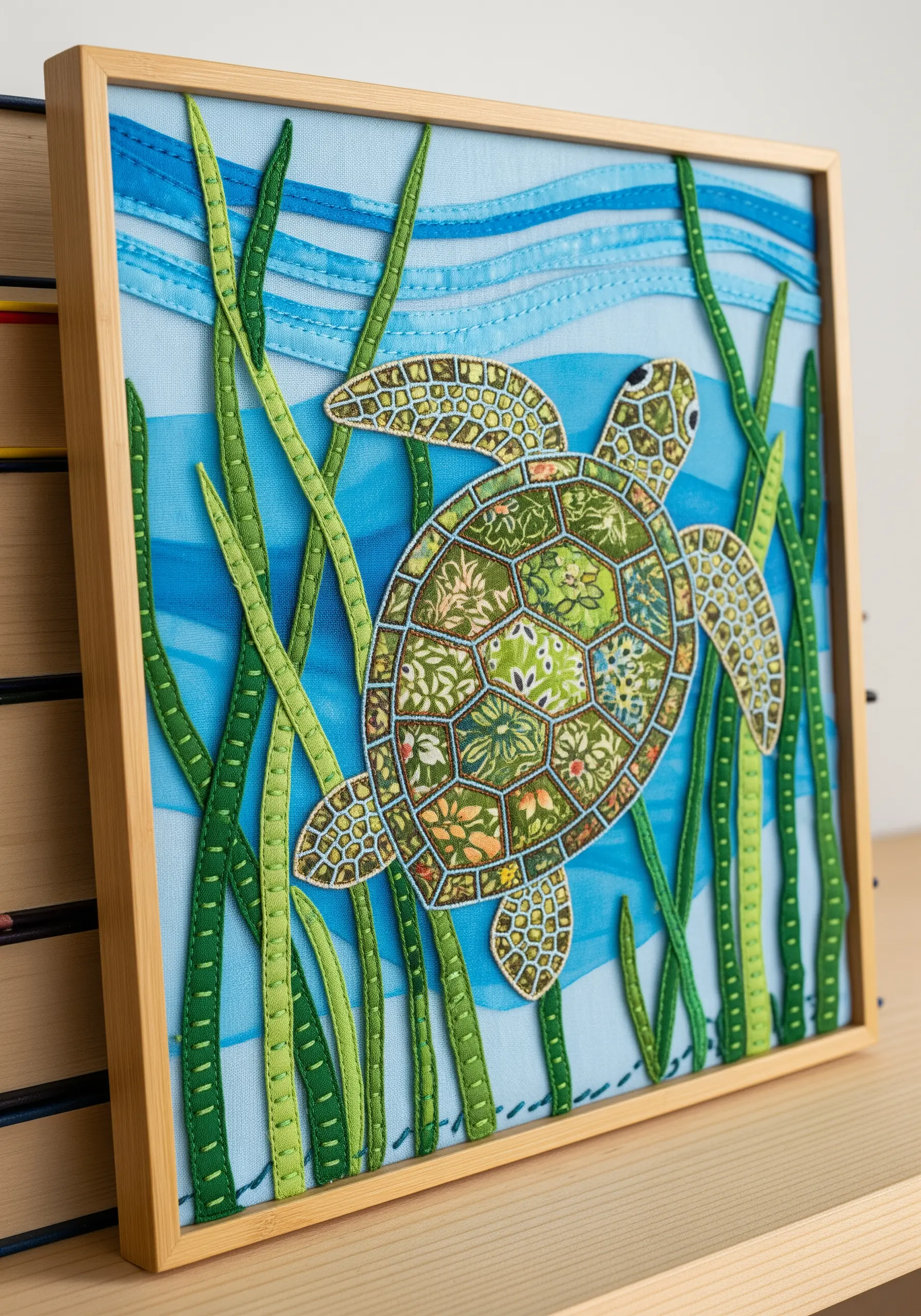 A fabric collage of a sea turtle with a shell made from a mosaic of patterned green fabrics.