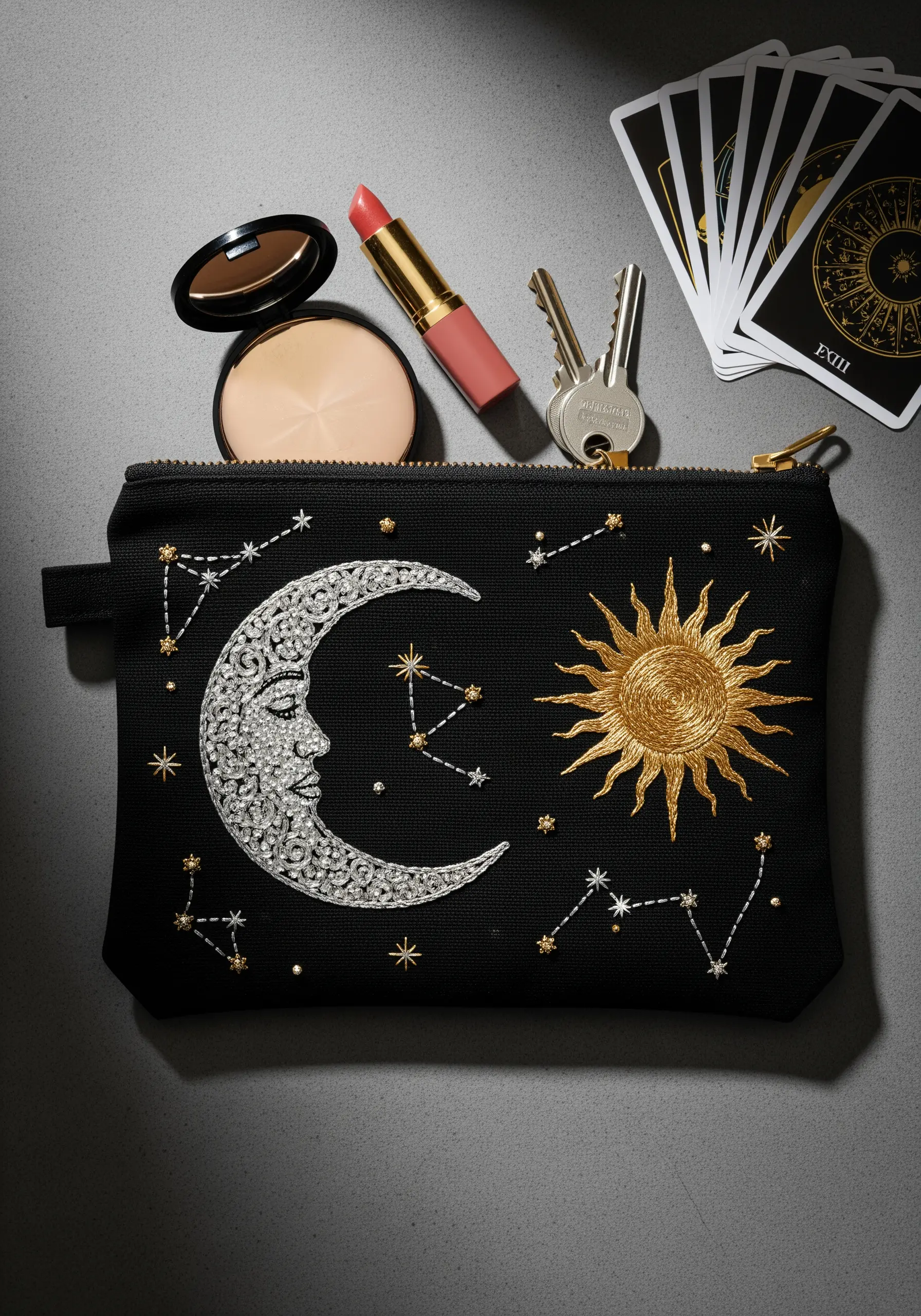 A black pouch embroidered with a beaded crescent moon and a metallic gold sun among constellations.