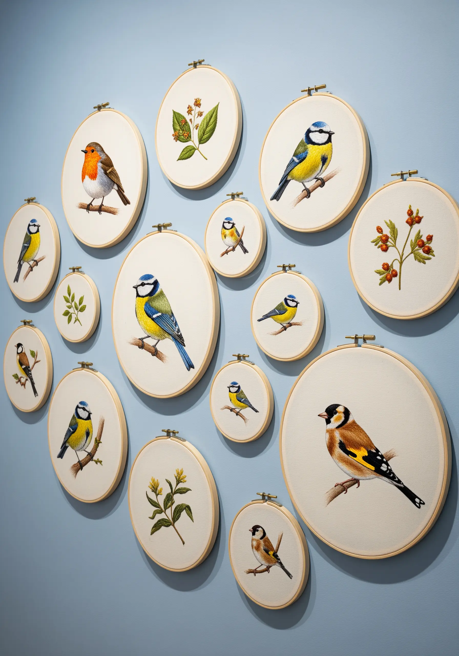 A gallery wall of multiple embroidery hoops featuring different species of birds and botanicals