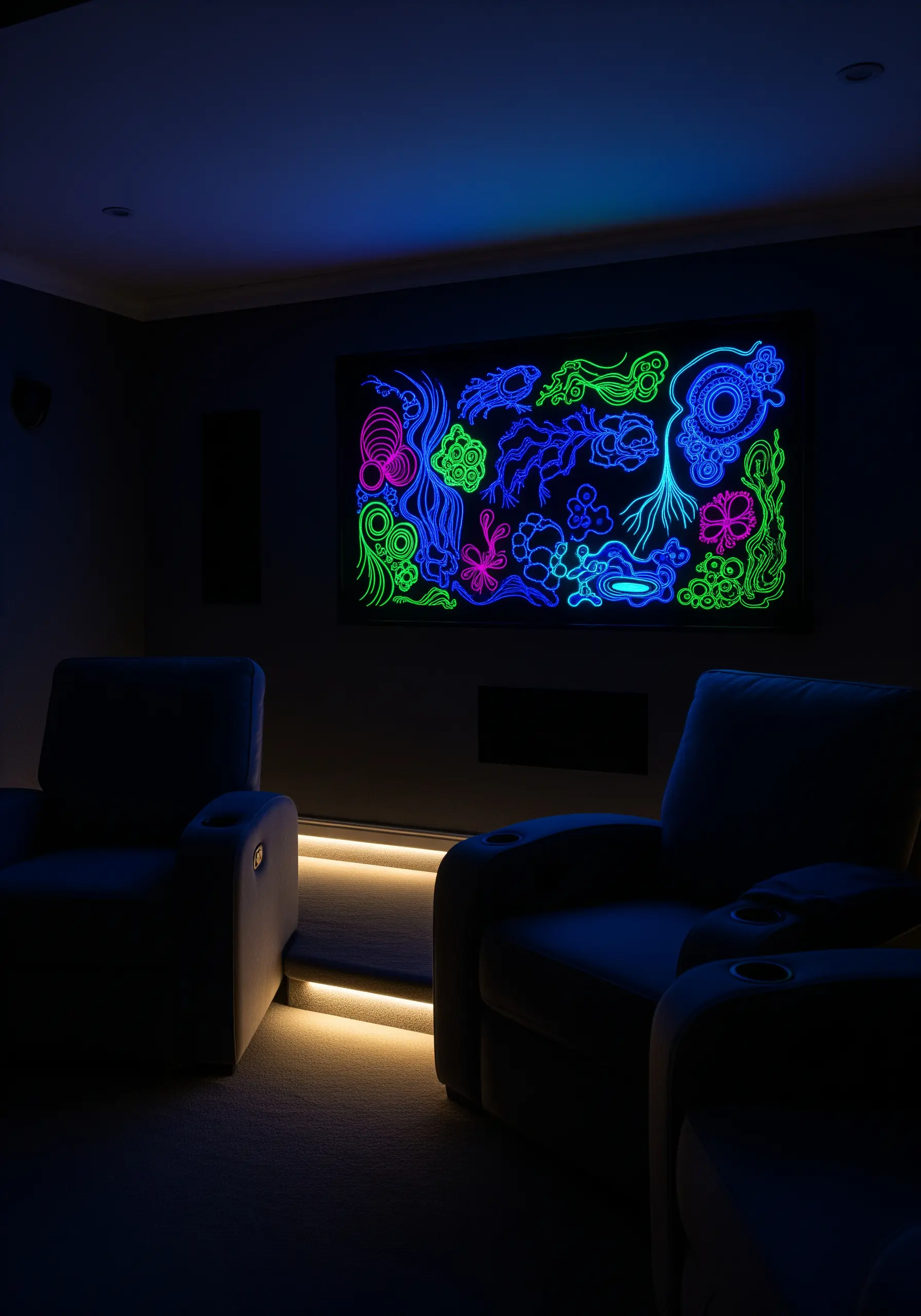 A large embroidery of abstract sea creatures glowing in neon colors under a blacklight