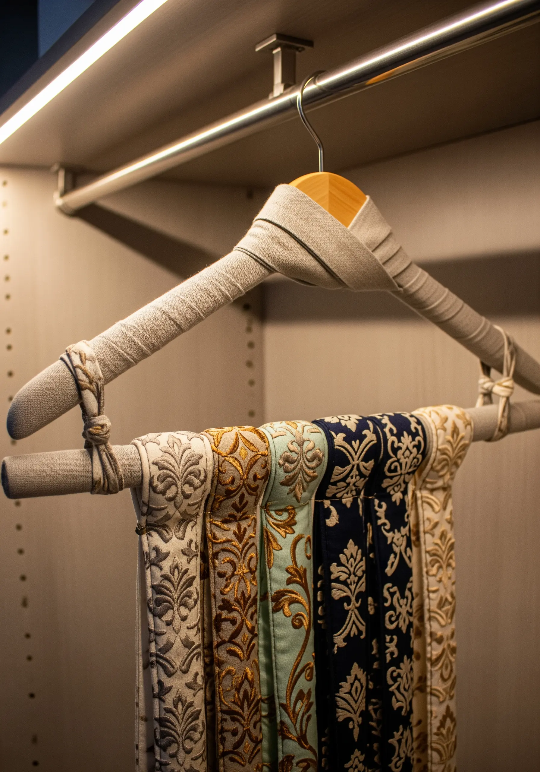 A fabric-wrapped clothes hanger used to neatly organize embroidered belts or scarves.