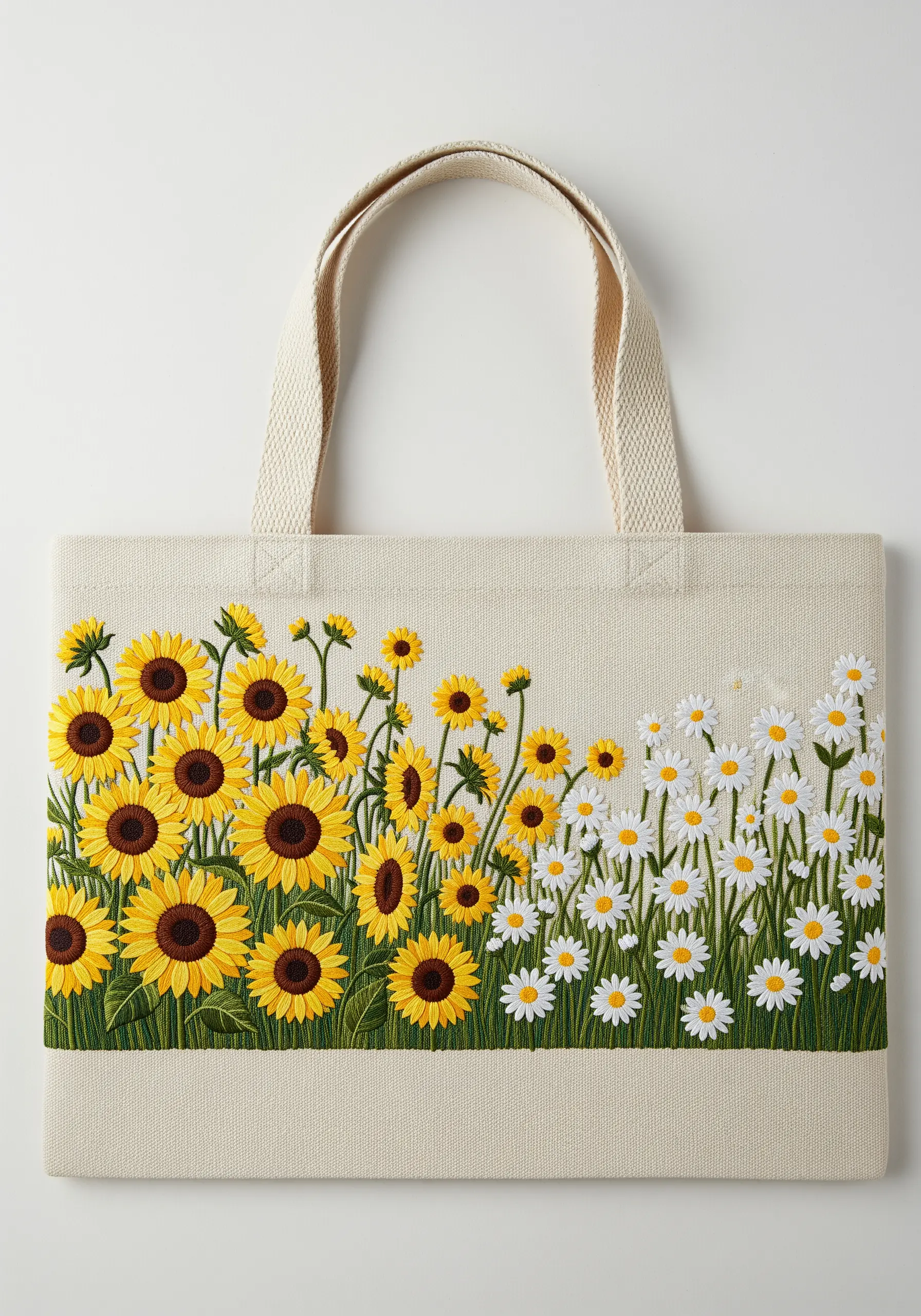 A tote bag embroidered with a field of sunflowers that blends into a field of daisies.
