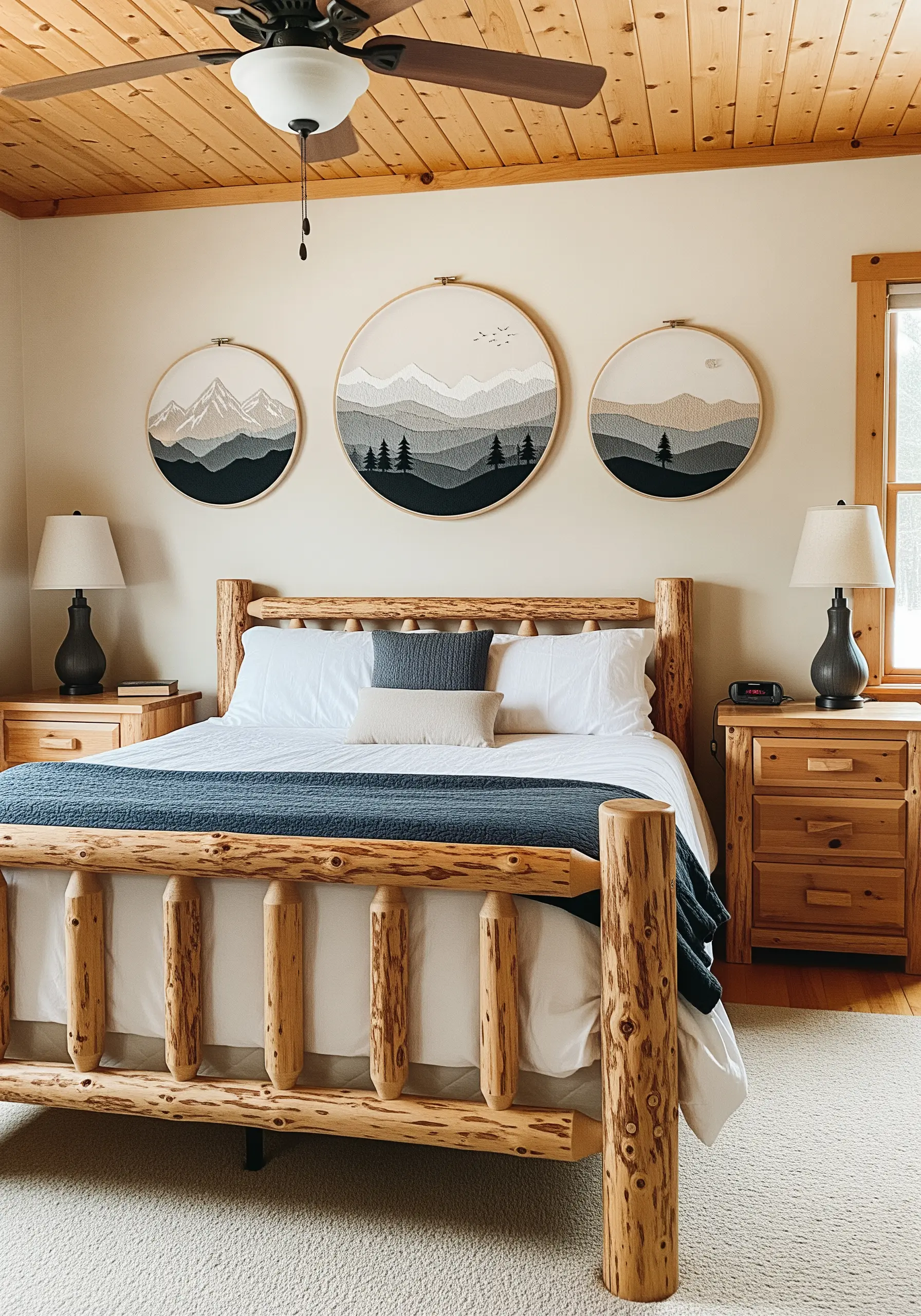 A triptych of three embroidery hoops forming a continuous mountain landscape in grayscale tones.