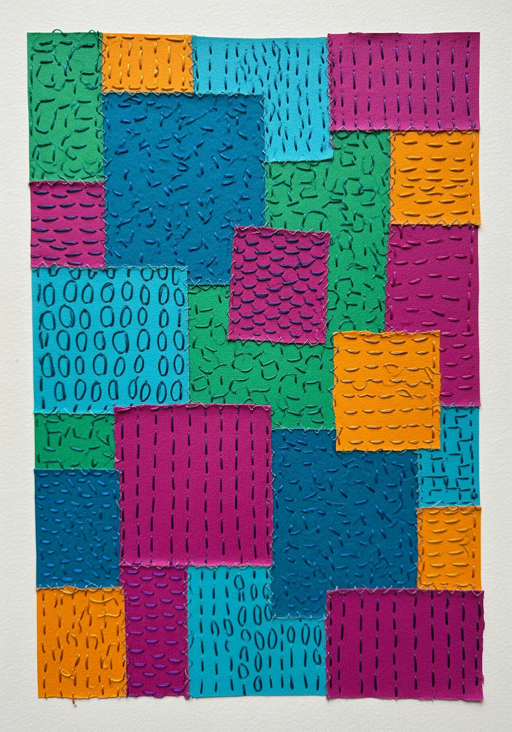 A vibrant patchwork of colored paper squares, each decorated with unique hand-stitched patterns.
