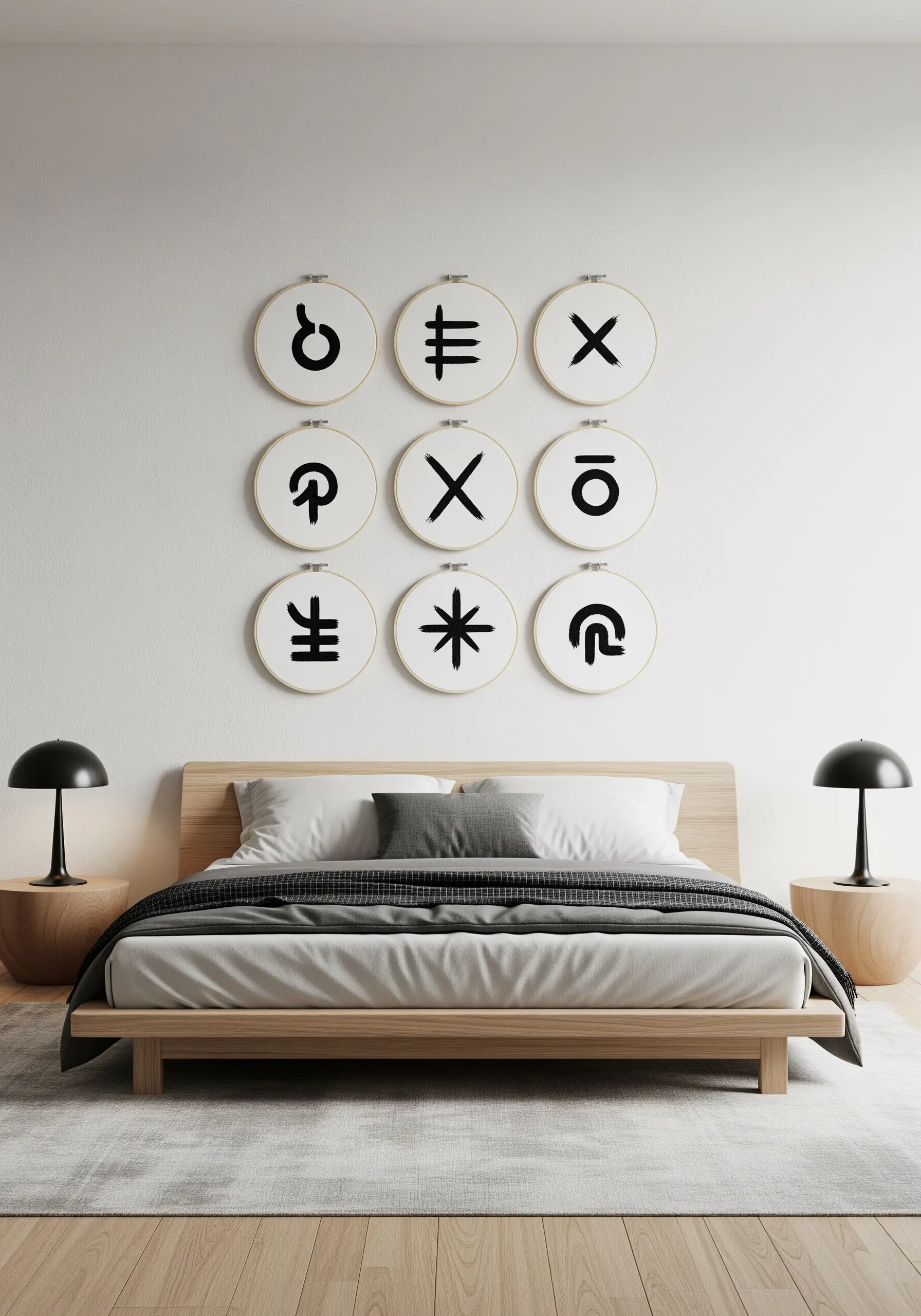 A nine-hoop grid displaying unique, bold abstract symbols embroidered in black.