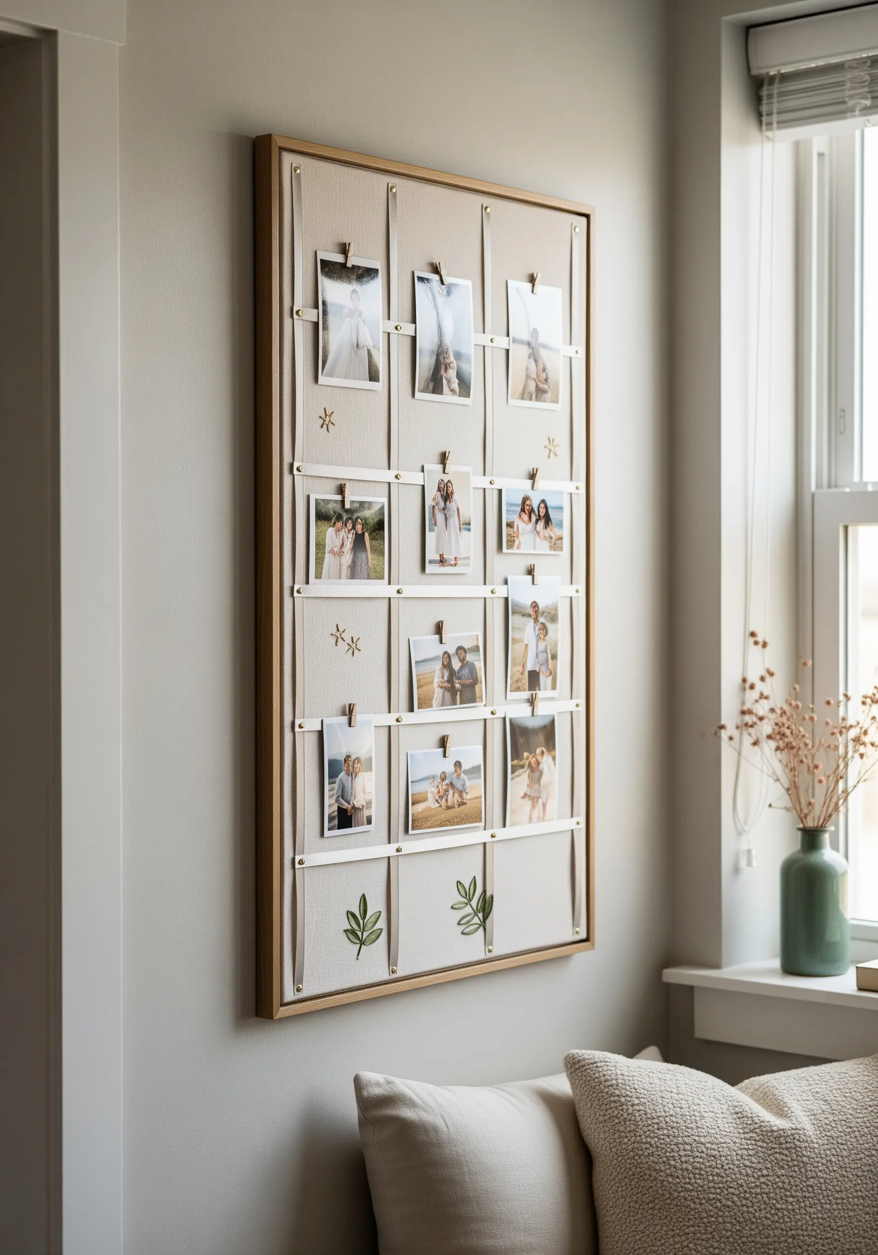 A fabric-covered photo memory board with embroidered leaf and star motifs