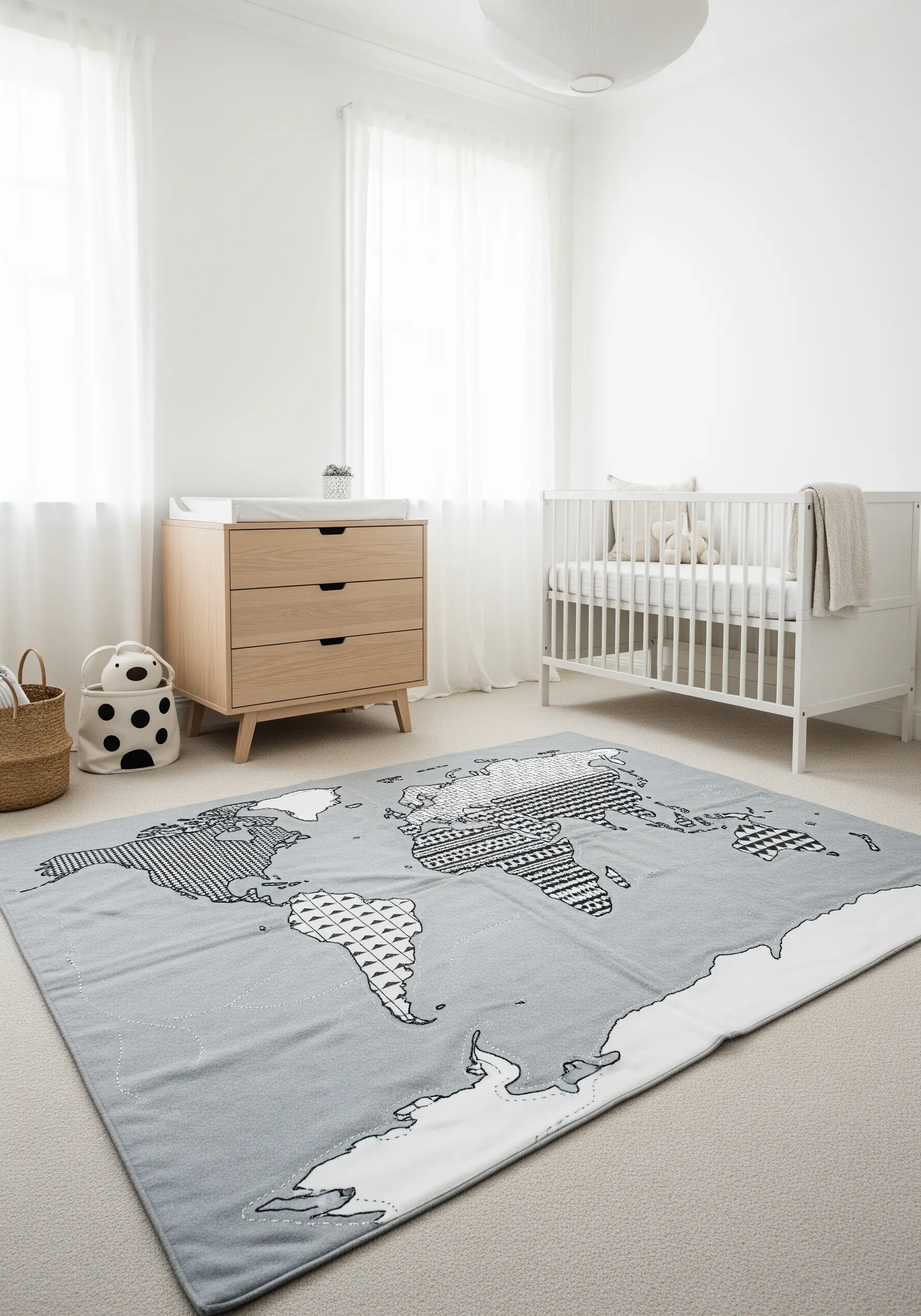 A gray and white world map rug in a nursery with different embroidered textures inside continents.