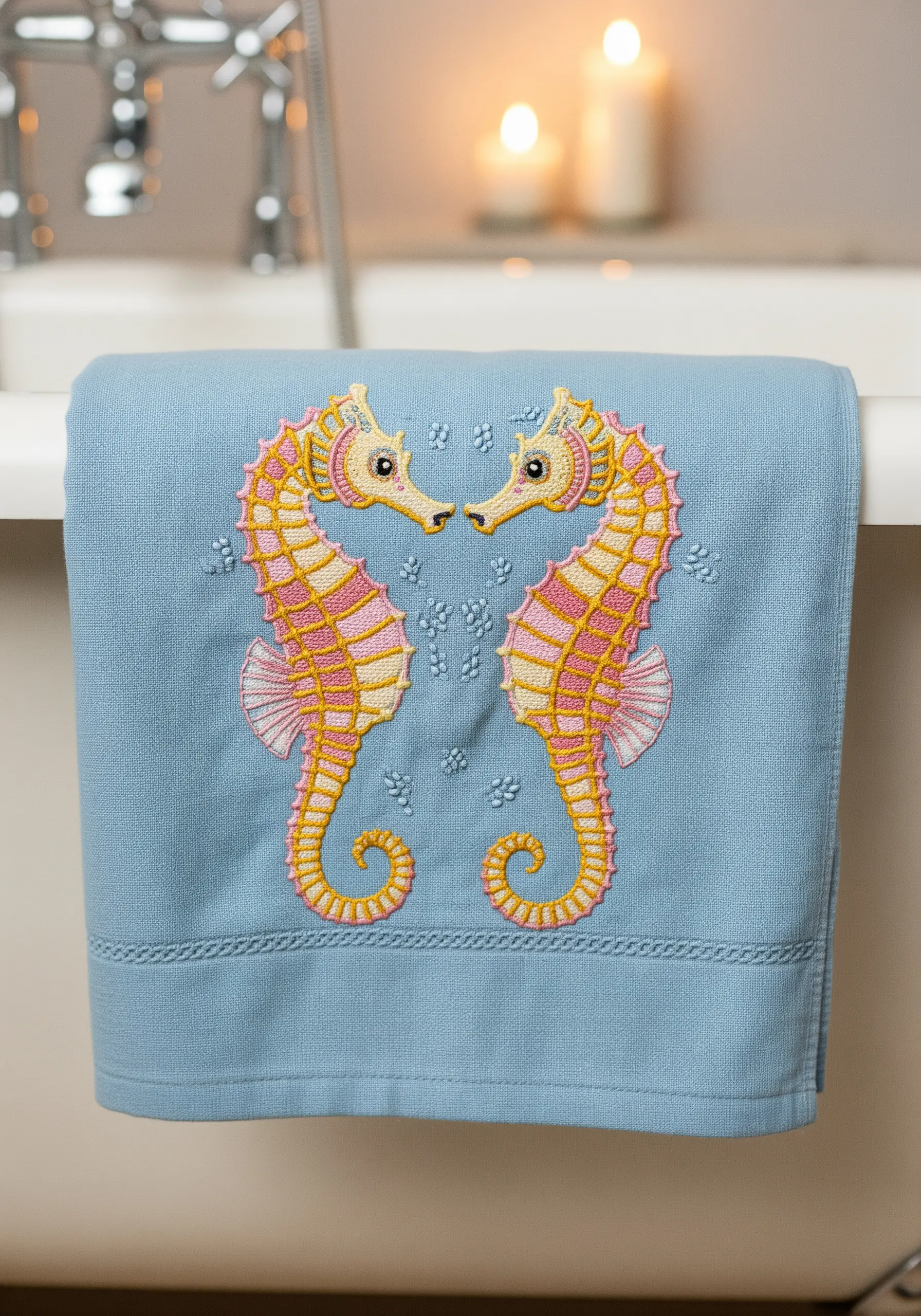 Two symmetrical seahorses in pink and yellow embroidered on a blue hand towel.