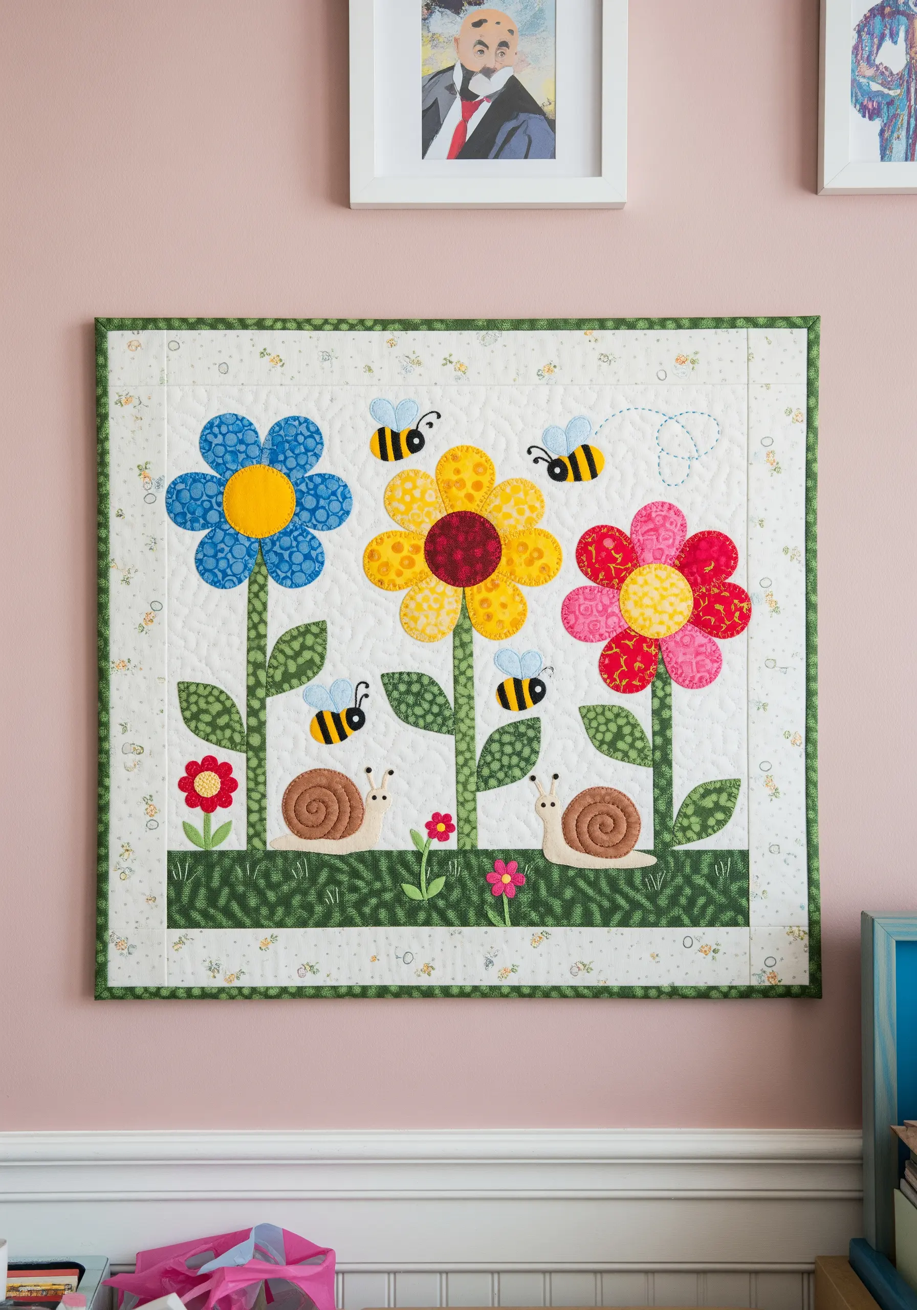 Quilted wall hanging for a nursery with appliqué flowers, bees, and snails.