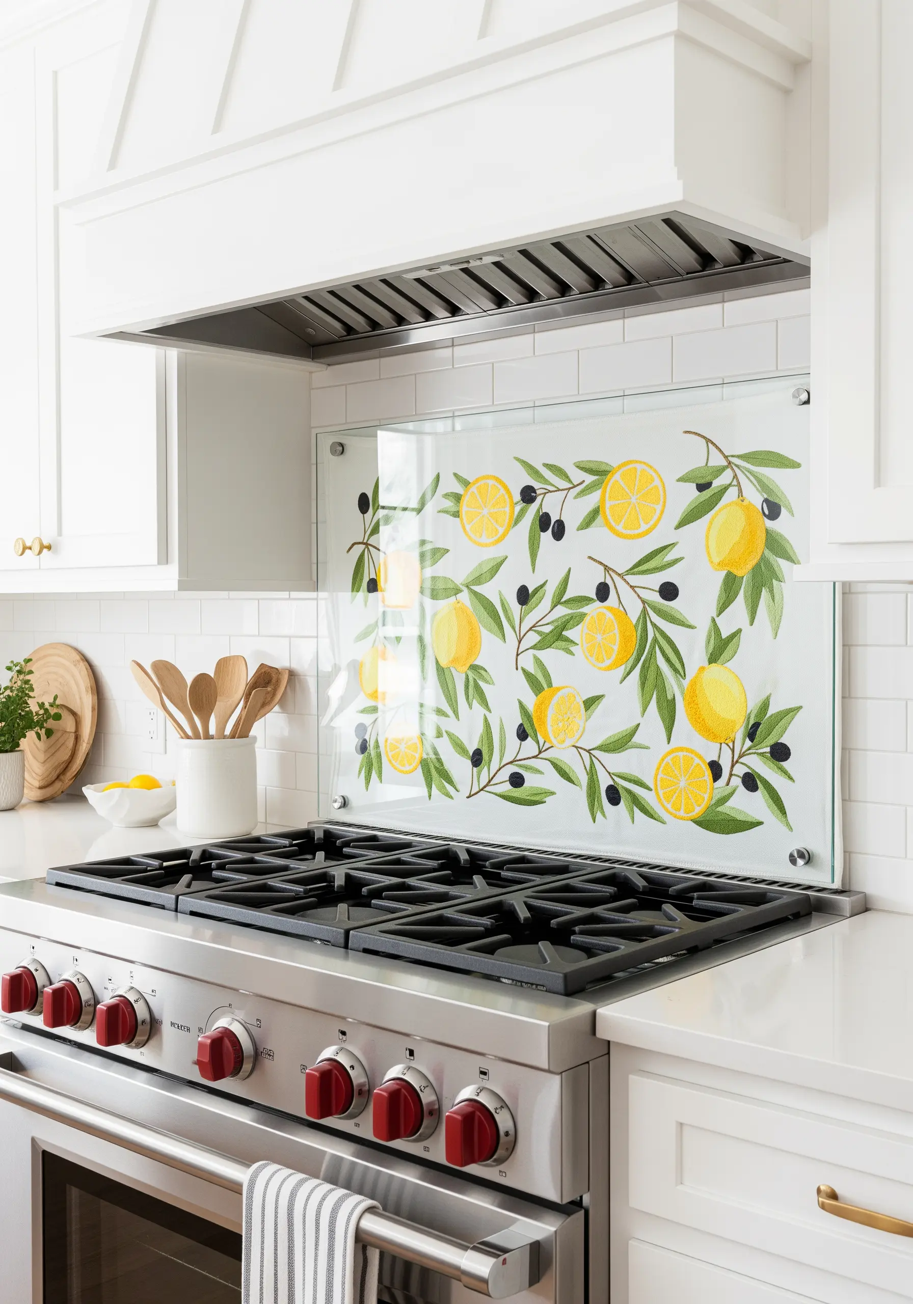 An embroidered panel of lemons and olive branches installed as a backsplash behind a stove