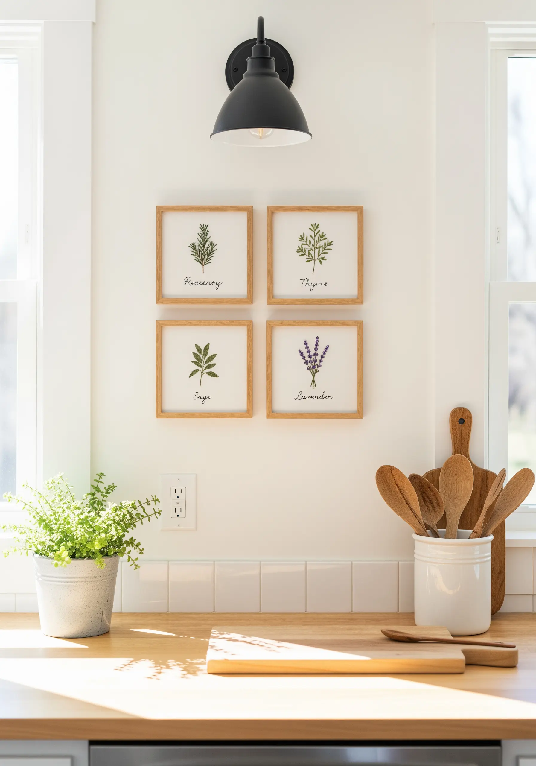 Four framed embroideries of herbs—rosemary, thyme, sage, and lavender—on a kitchen wall.