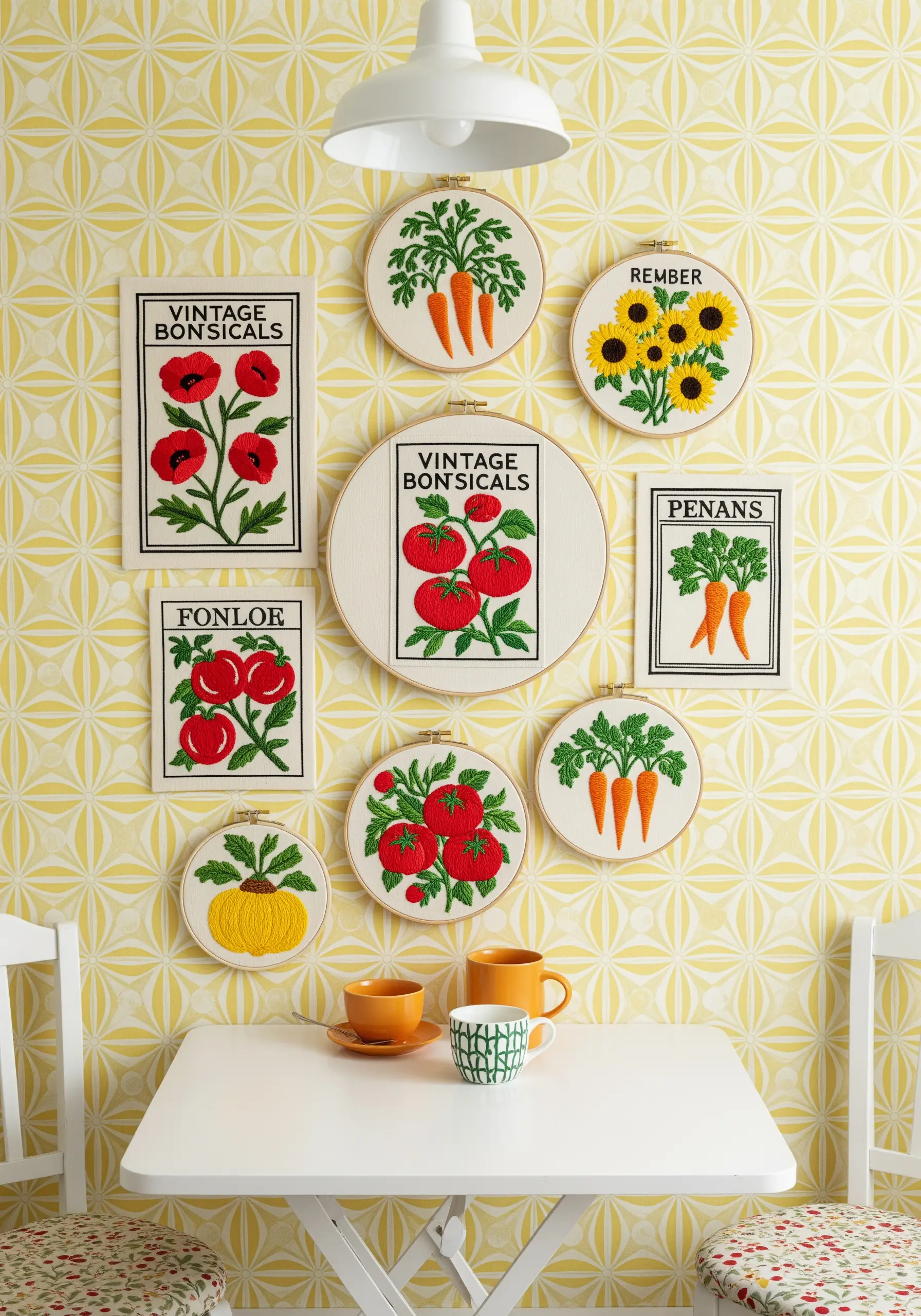 Vintage-style vegetable and flower embroidery hoops arranged on a yellow patterned wall.