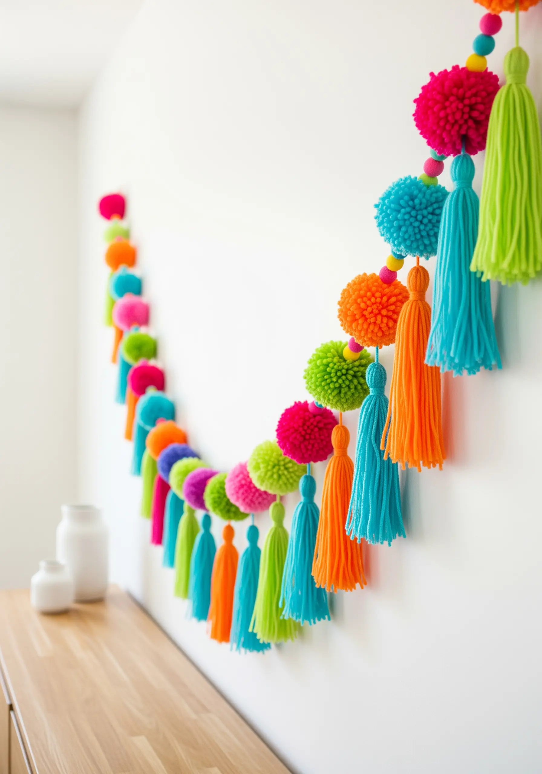 A vibrant garland of multi-colored pom-poms, tassels, and beads on a white wall.