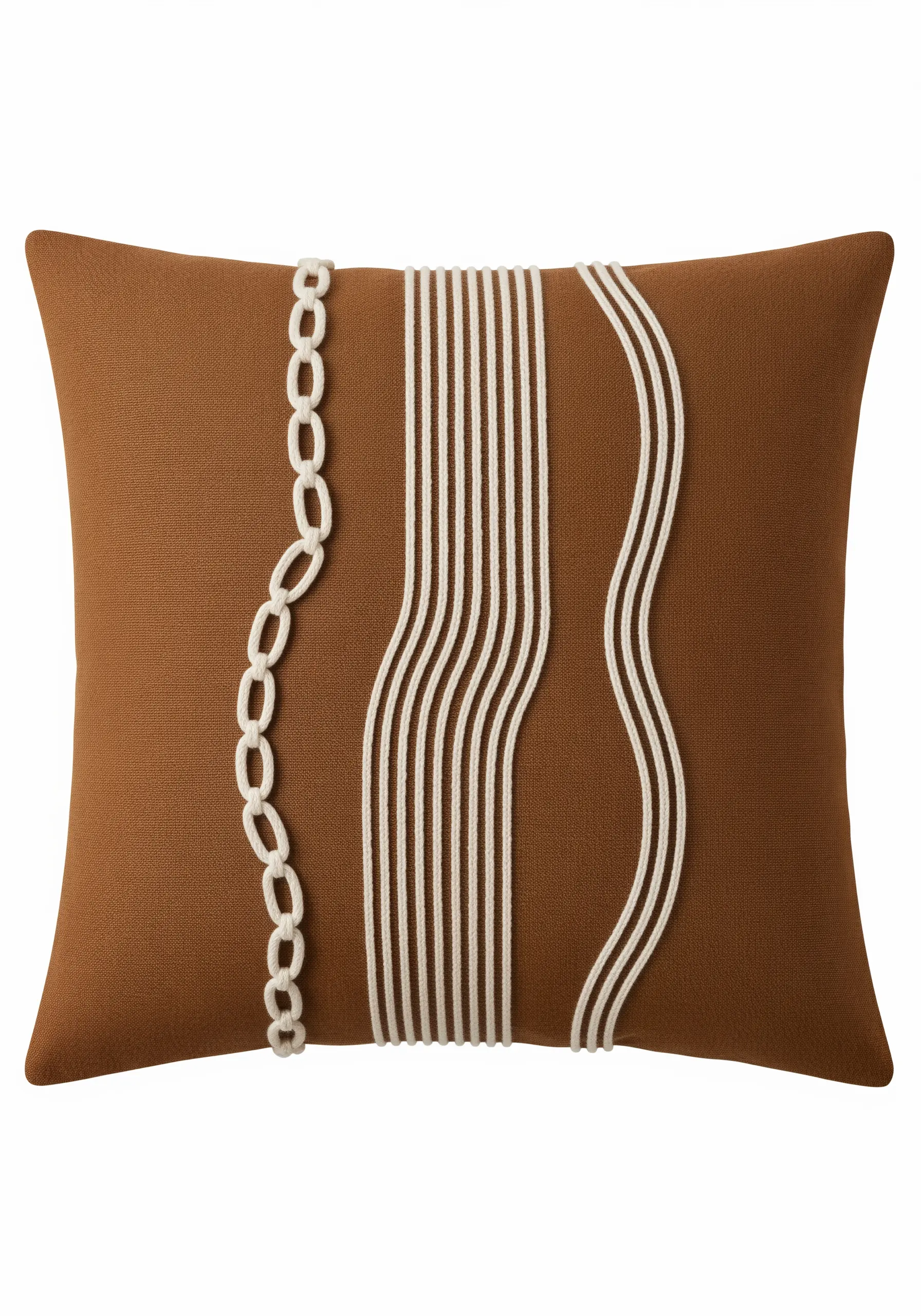 Abstract cushion design with three different line textures: chain stitch, couched cord, and waves.