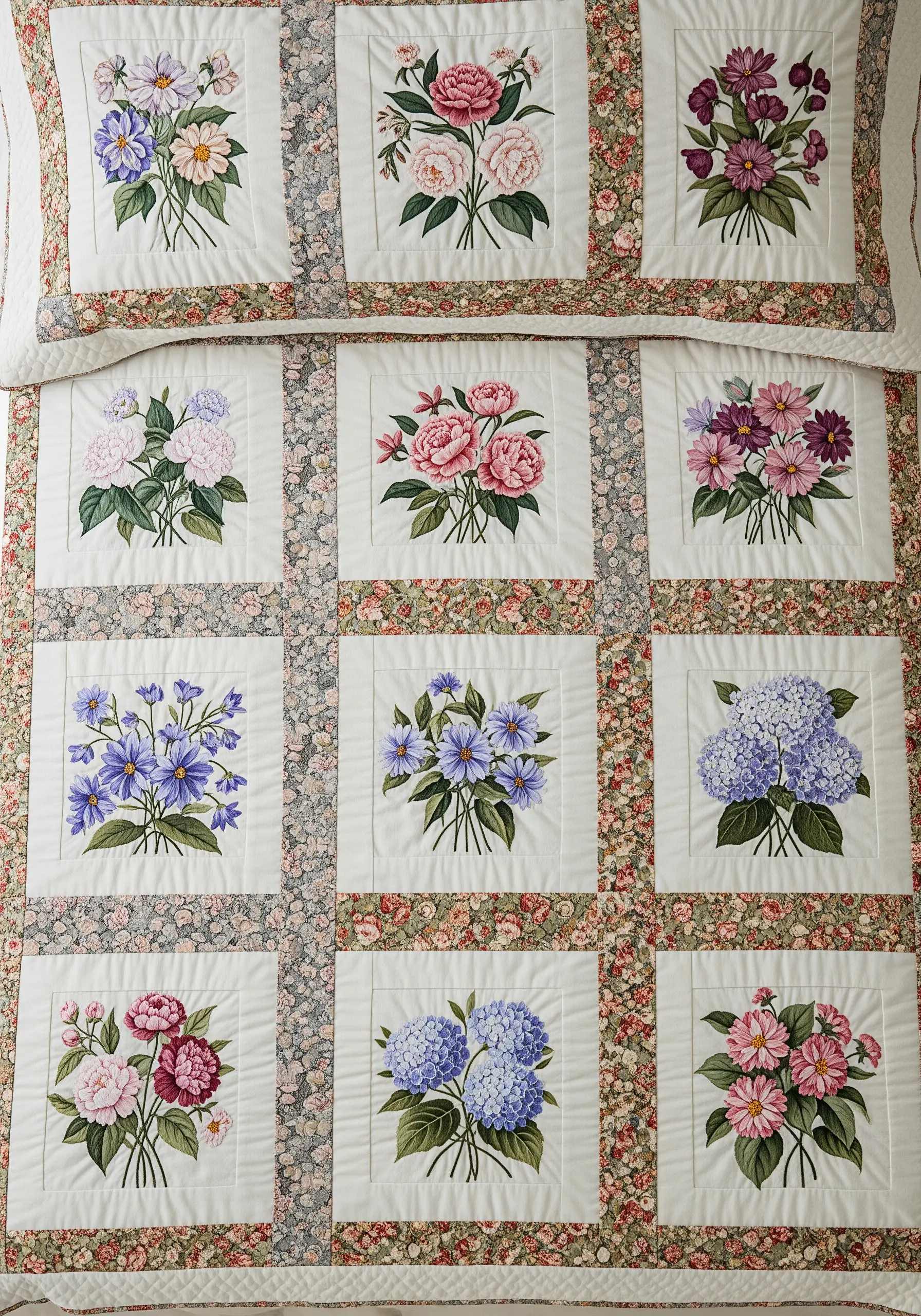 A patchwork quilt with nine embroidered squares, each featuring a different floral bouquet.