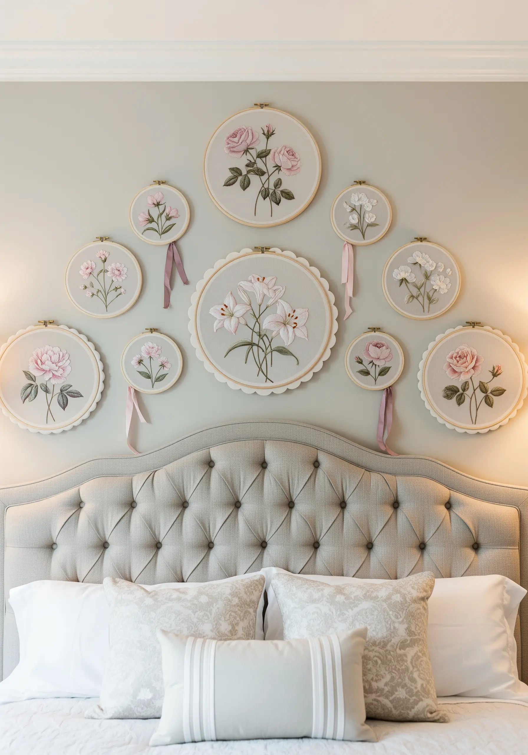 A symmetrical arrangement of romantic floral embroidery hoops above a tufted headboard.