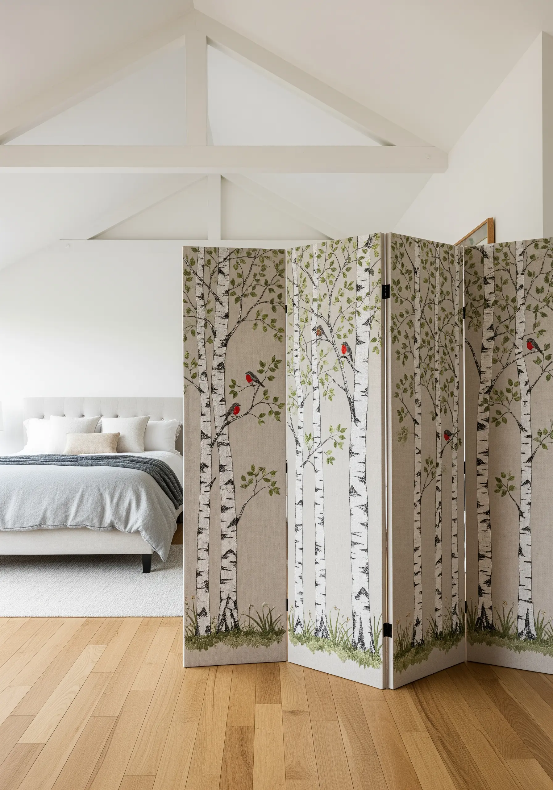 A folding room screen with embroidered panels depicting a forest of birch trees.