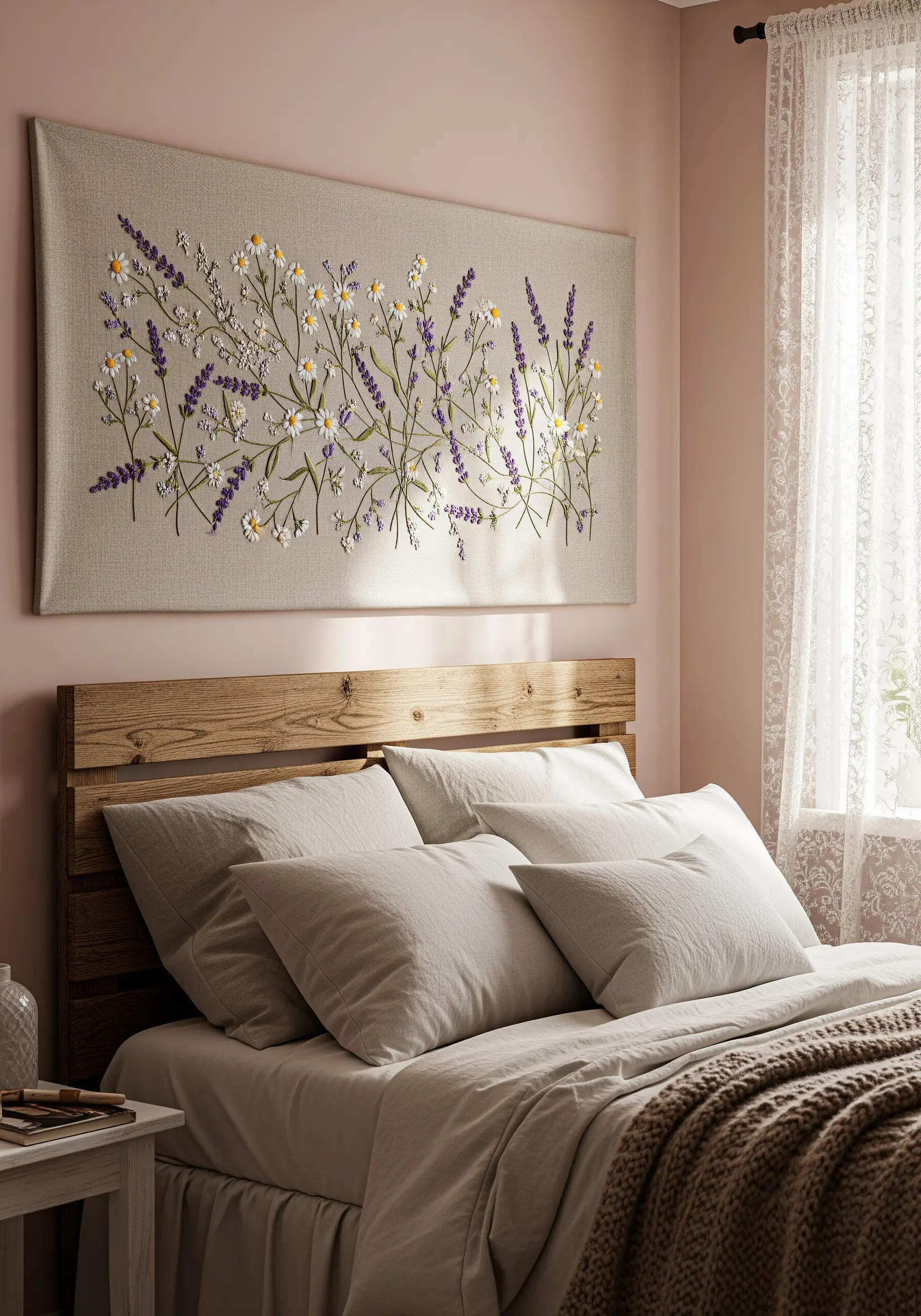 Large rectangular embroidery of lavender and chamomile hanging above a bed.
